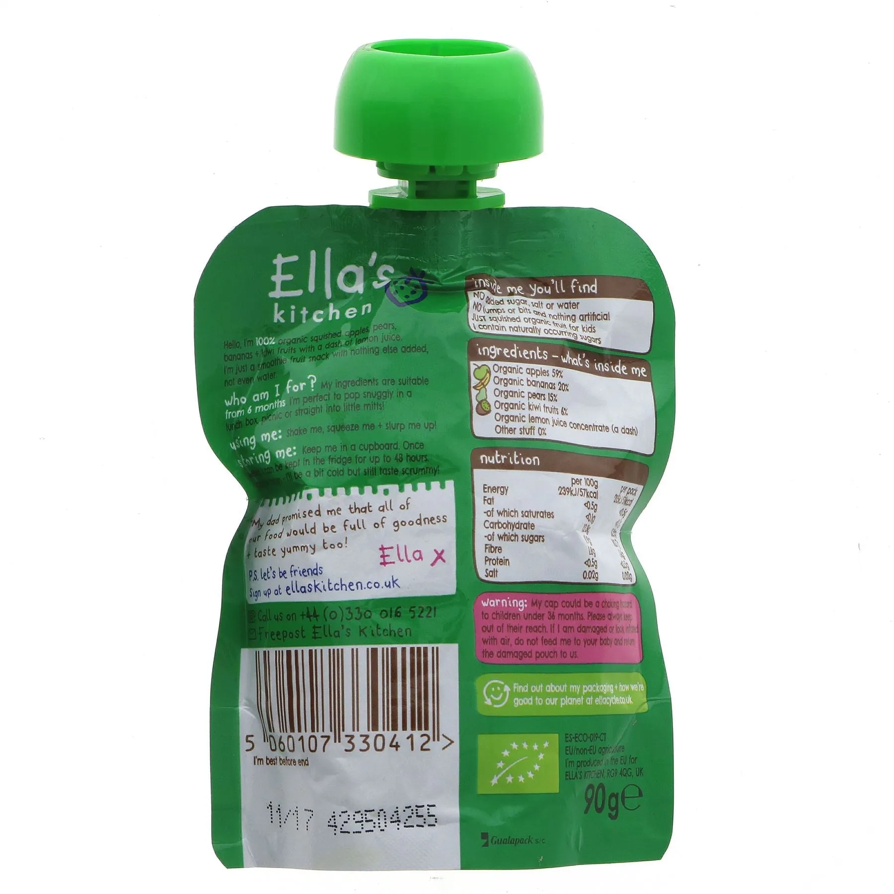 Ella's Kitchen | The Green One - smoothie fruit - apple,pear,banana,kiwi | 90g