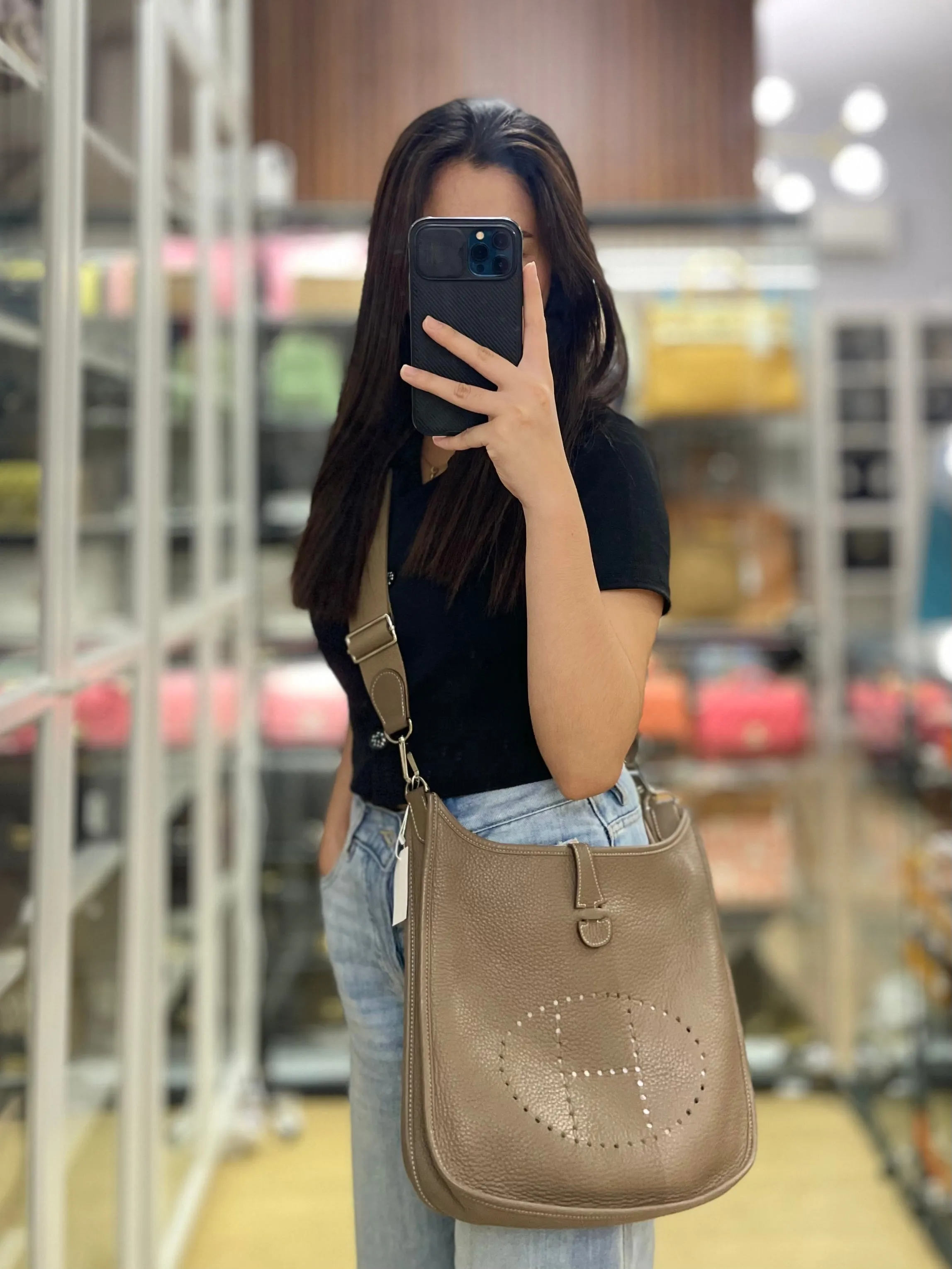 Evelyne III in Taurillion Clemence Etoupe and Palladium Hardware Stamp T