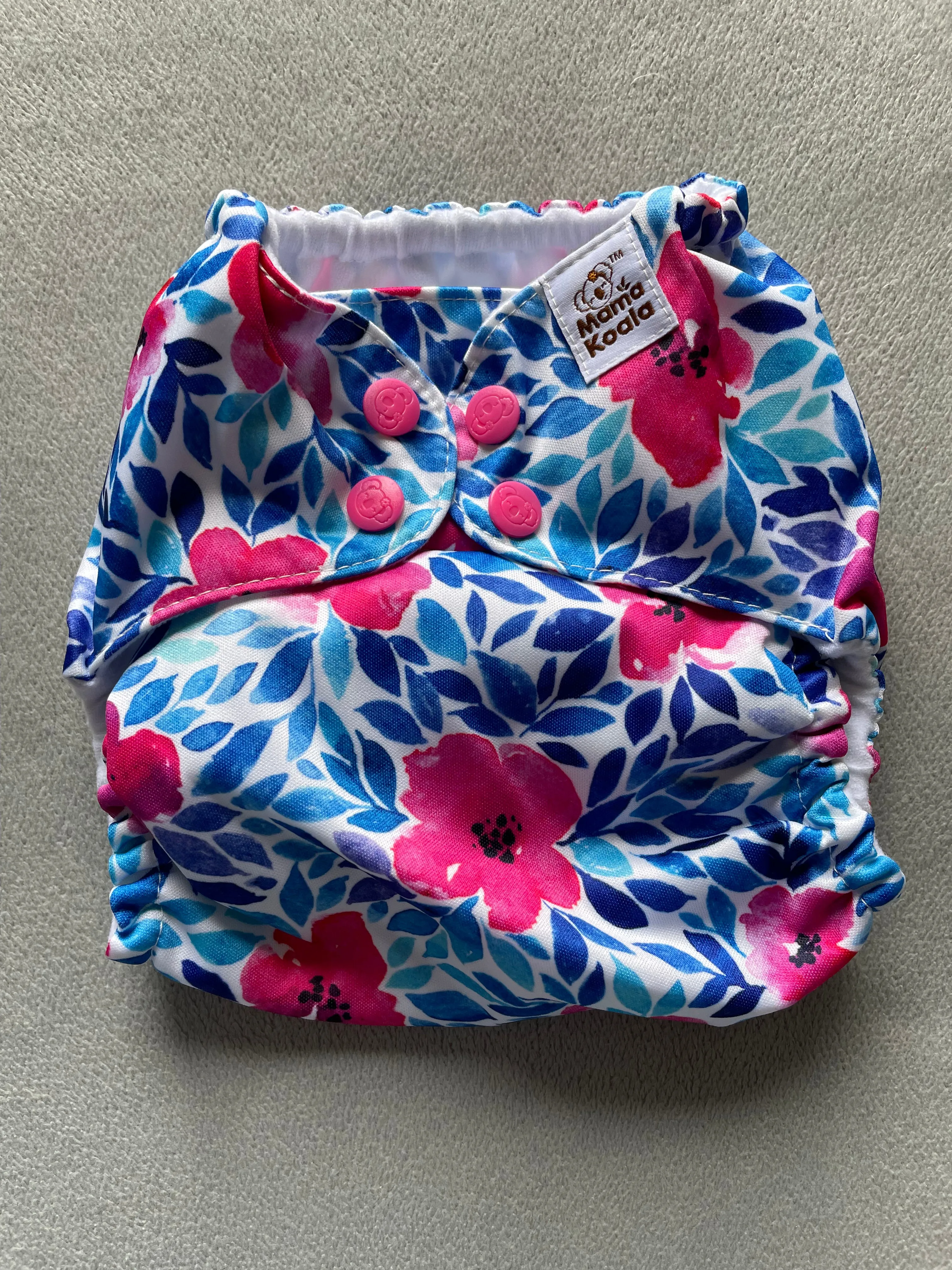 F189-pink flowers with blue leaves-Mama Koala Pocket Diaper 1.0
