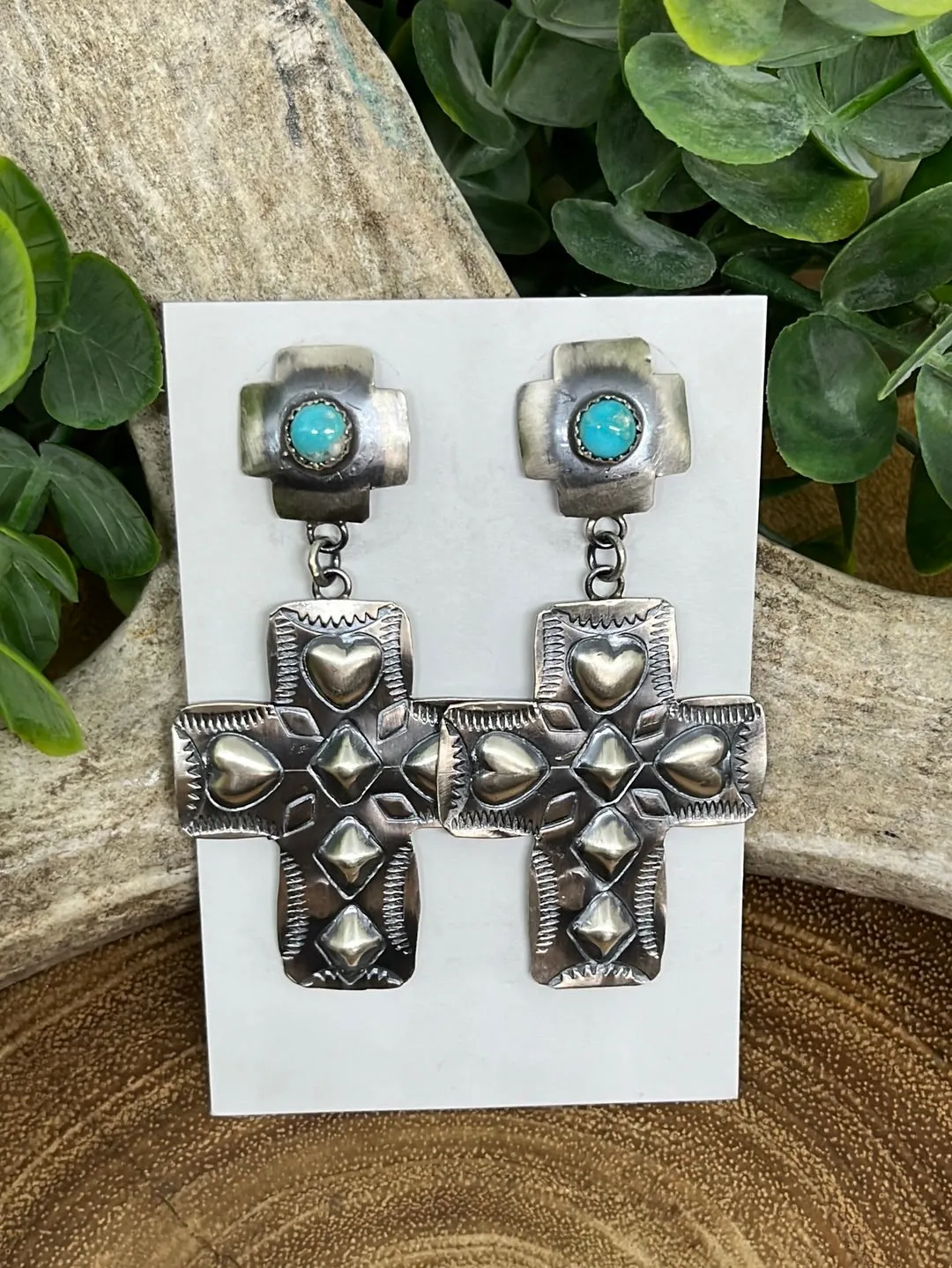 Faith & Love Double Stamped Sterling Cross Earrings - Turquoise