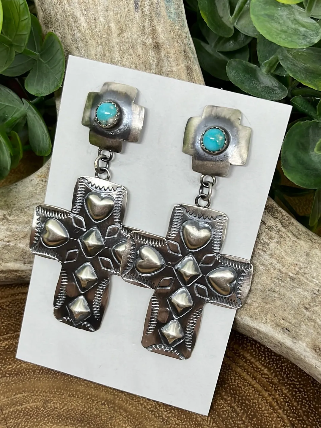 Faith & Love Double Stamped Sterling Cross Earrings - Turquoise