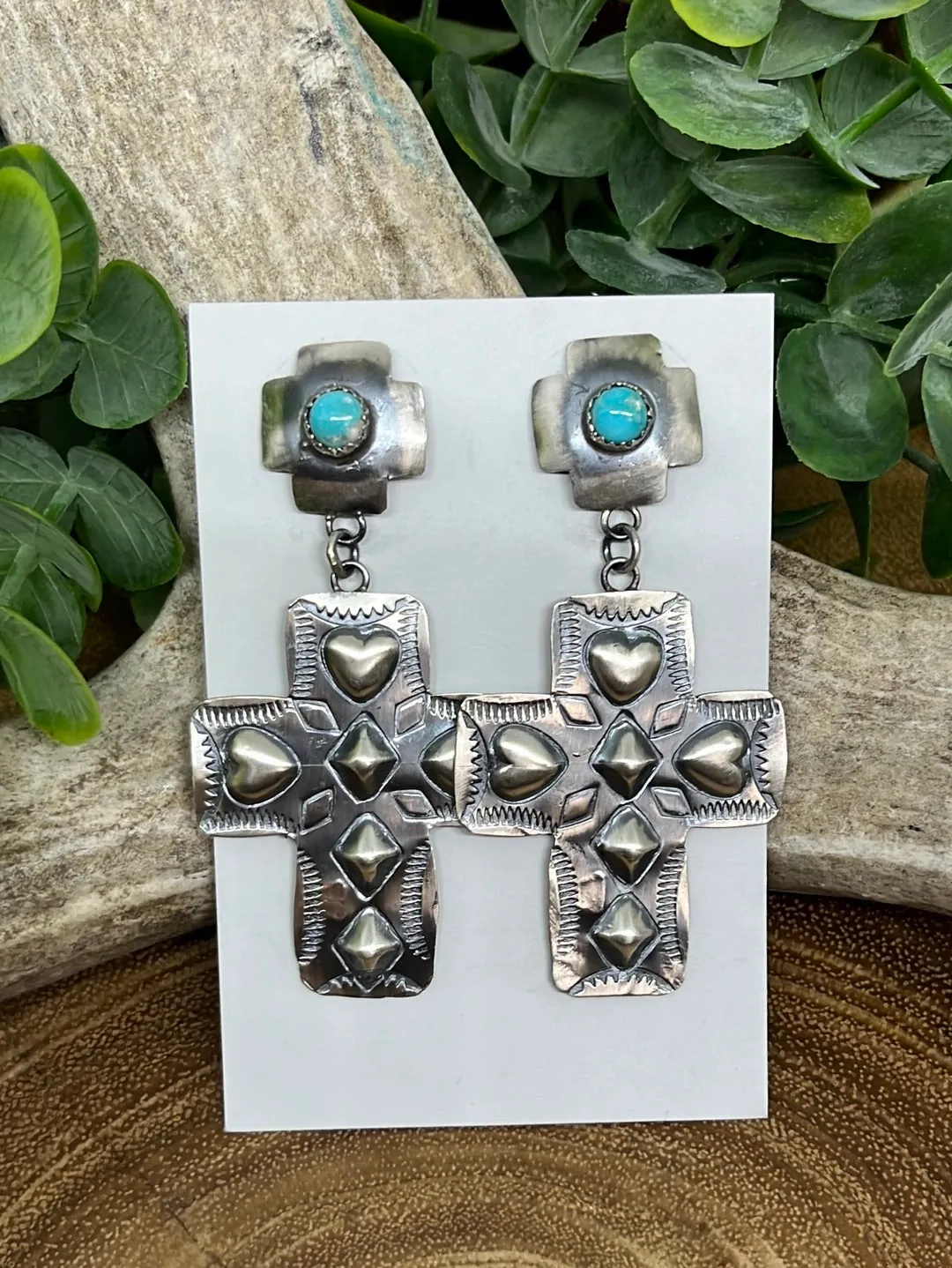 Faith & Love Double Stamped Sterling Cross Earrings - Turquoise
