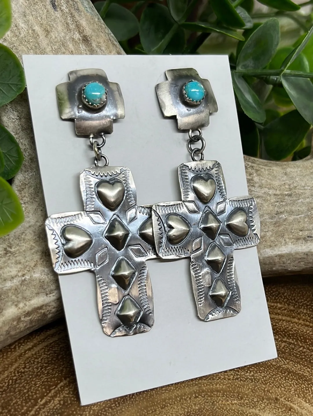 Faith & Love Double Stamped Sterling Cross Earrings - Turquoise