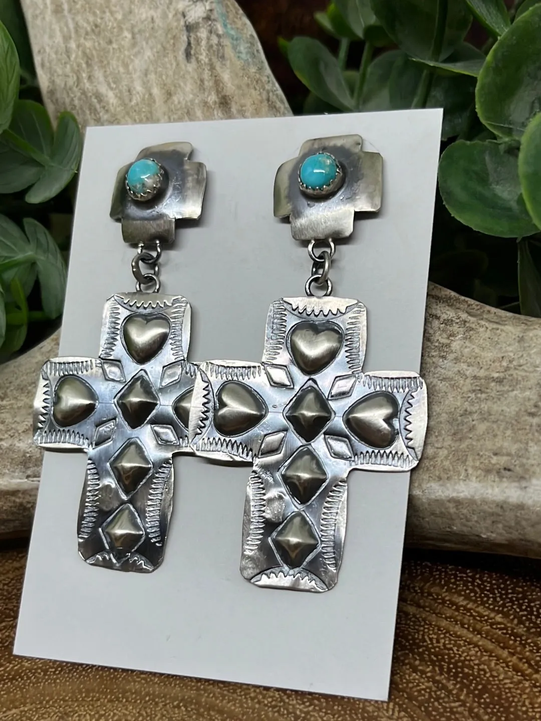 Faith & Love Double Stamped Sterling Cross Earrings - Turquoise