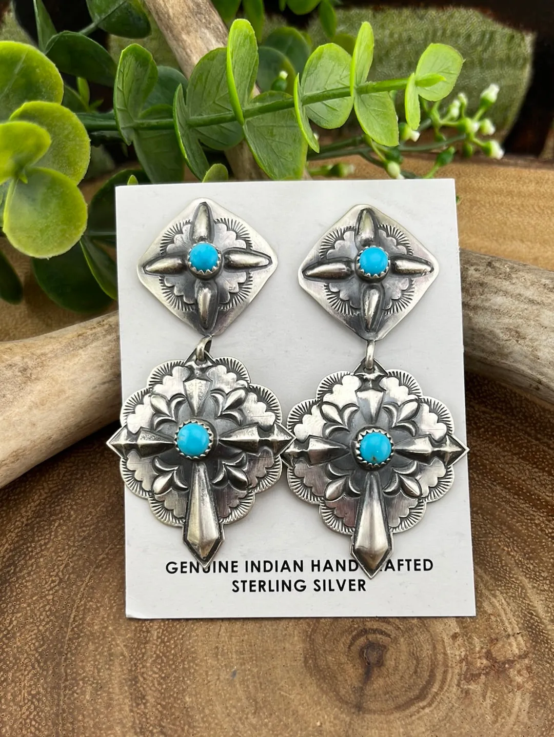 Faith Double Cross Concho Earrings - Turquoise
