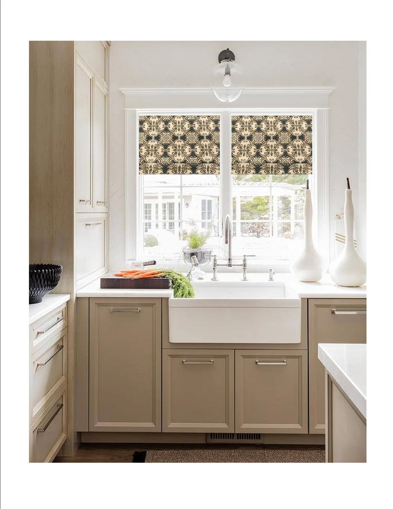 Faux Roman Shade Valance in Blue Spanish Tile Design with Grey and Brown Cotton Linen, Fully Lined, Custom Made