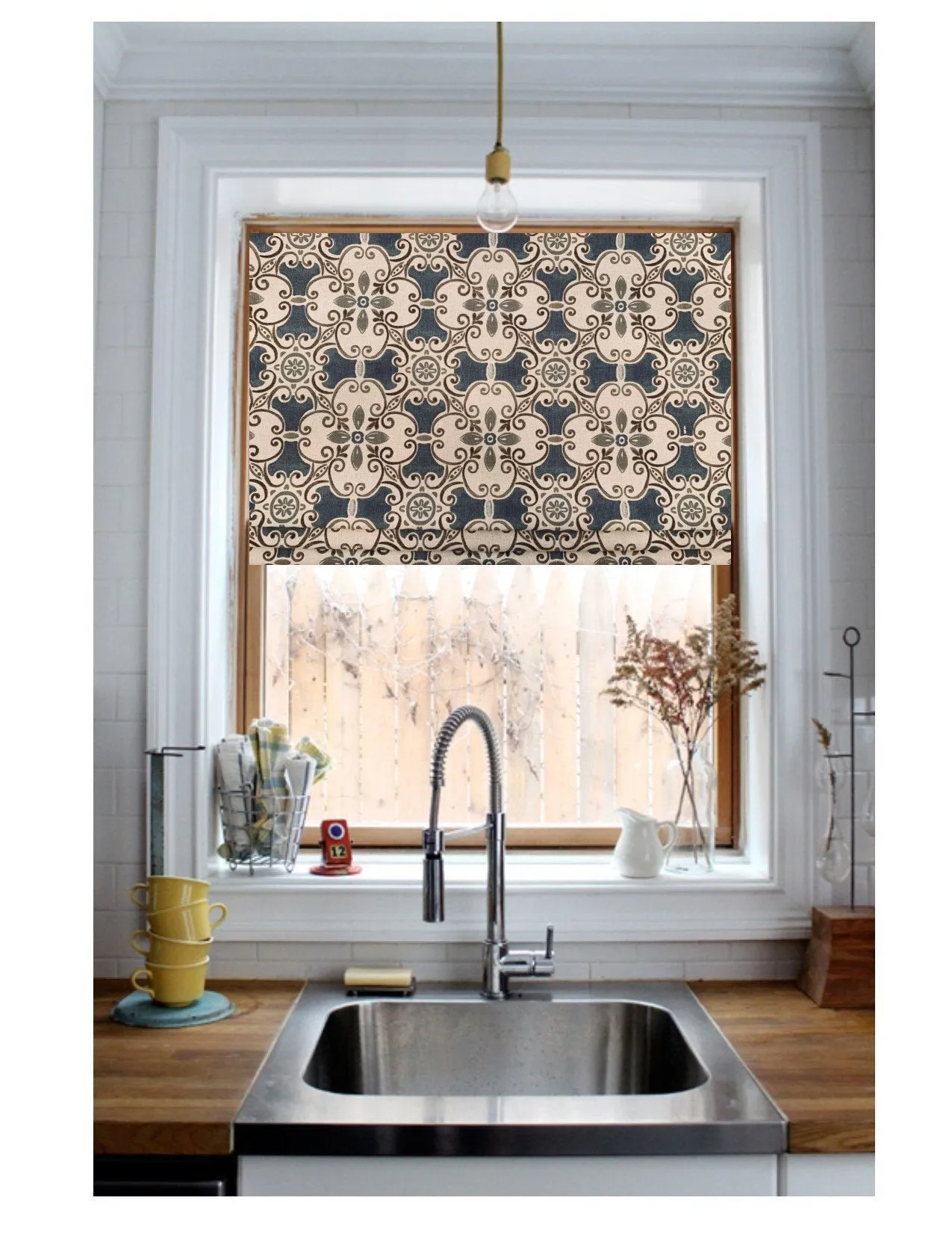 Faux Roman Shade Valance in Blue Spanish Tile Design with Grey and Brown Cotton Linen, Fully Lined, Custom Made