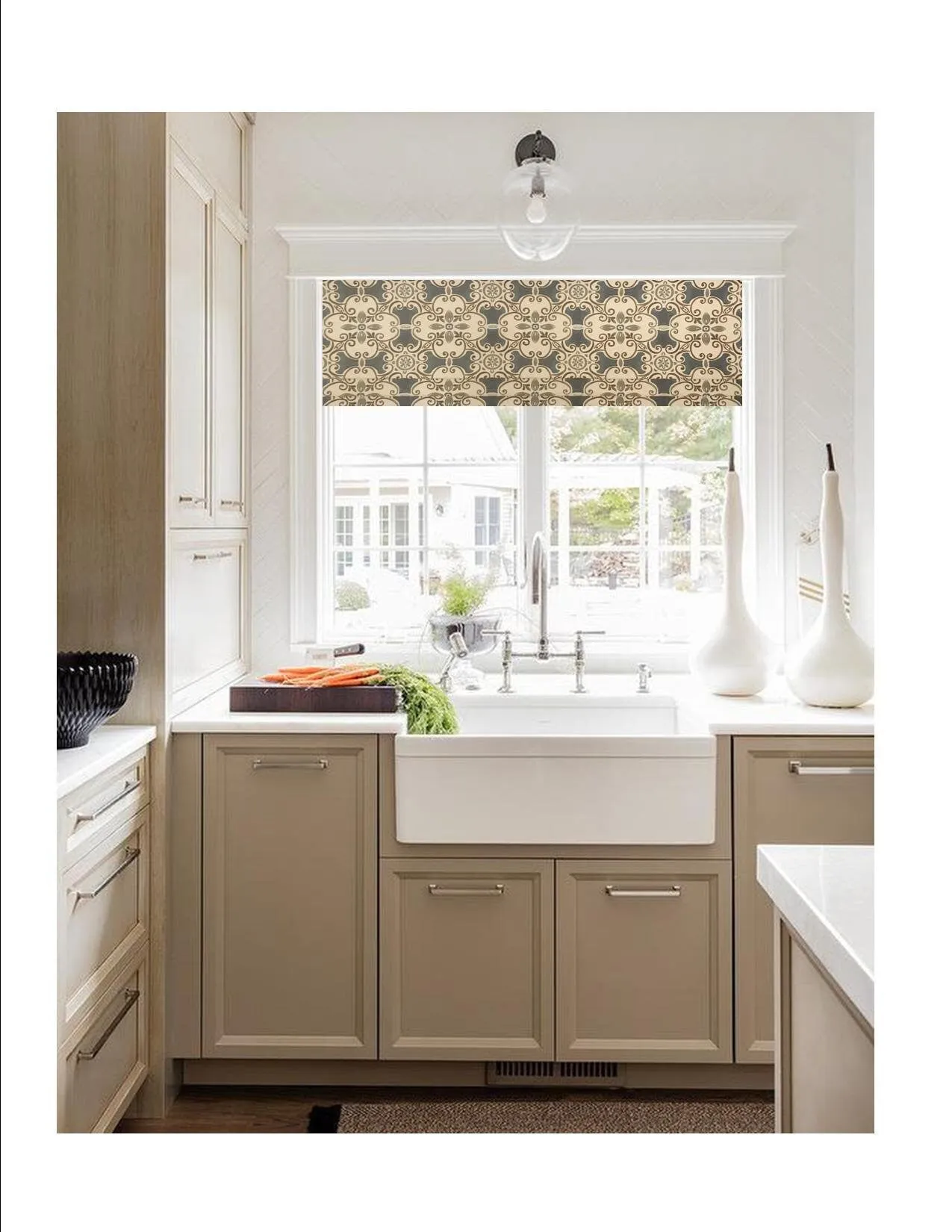 Faux Roman Shade Valance in Blue Spanish Tile Design with Grey and Brown Cotton Linen, Fully Lined, Custom Made