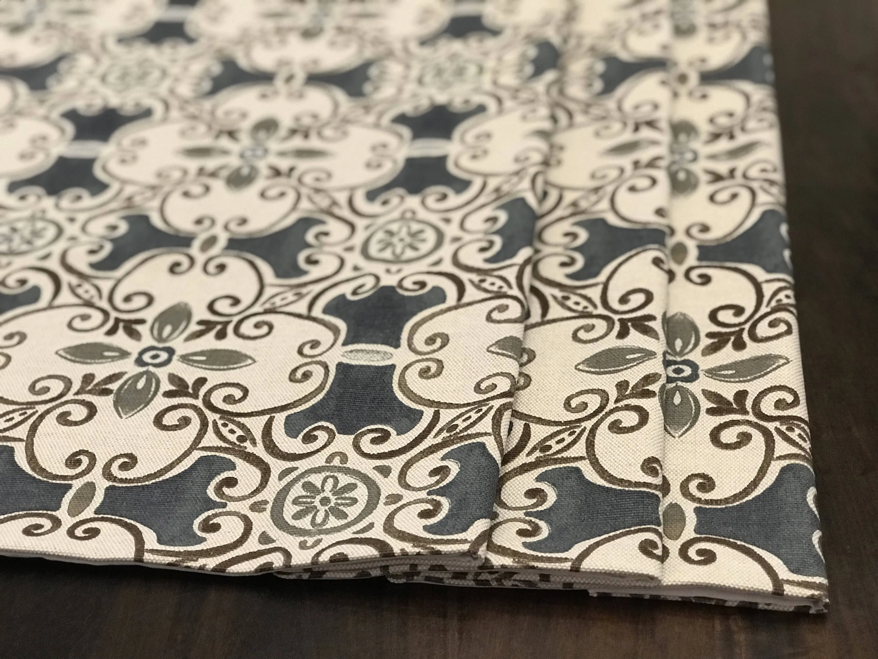 Faux Roman Shade Valance in Blue Spanish Tile Design with Grey and Brown Cotton Linen, Fully Lined, Custom Made
