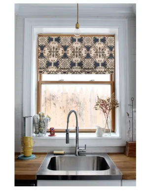 Faux Roman Shade Valance in Blue Spanish Tile Design with Grey and Brown Cotton Linen, Fully Lined, Custom Made