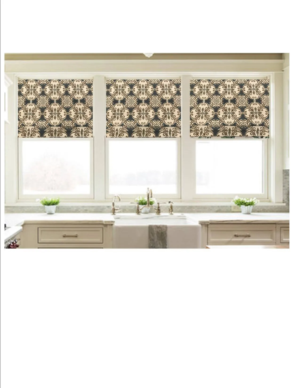 Faux Roman Shade Valance in Blue Spanish Tile Design with Grey and Brown Cotton Linen, Fully Lined, Custom Made