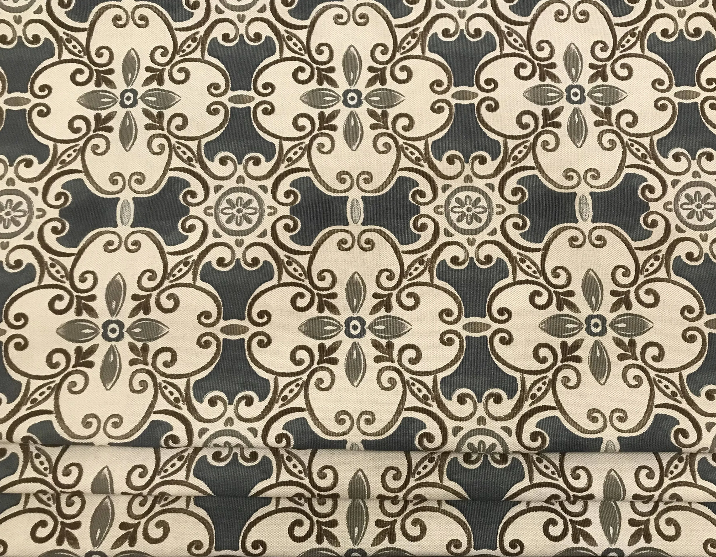 Faux Roman Shade Valance in Blue Spanish Tile Design with Grey and Brown Cotton Linen, Fully Lined, Custom Made