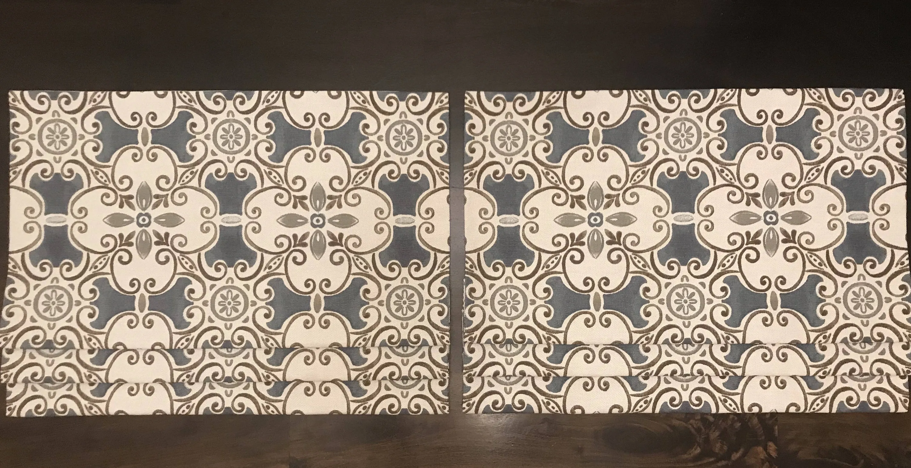 Faux Roman Shade Valance in Blue Spanish Tile Design with Grey and Brown Cotton Linen, Fully Lined, Custom Made