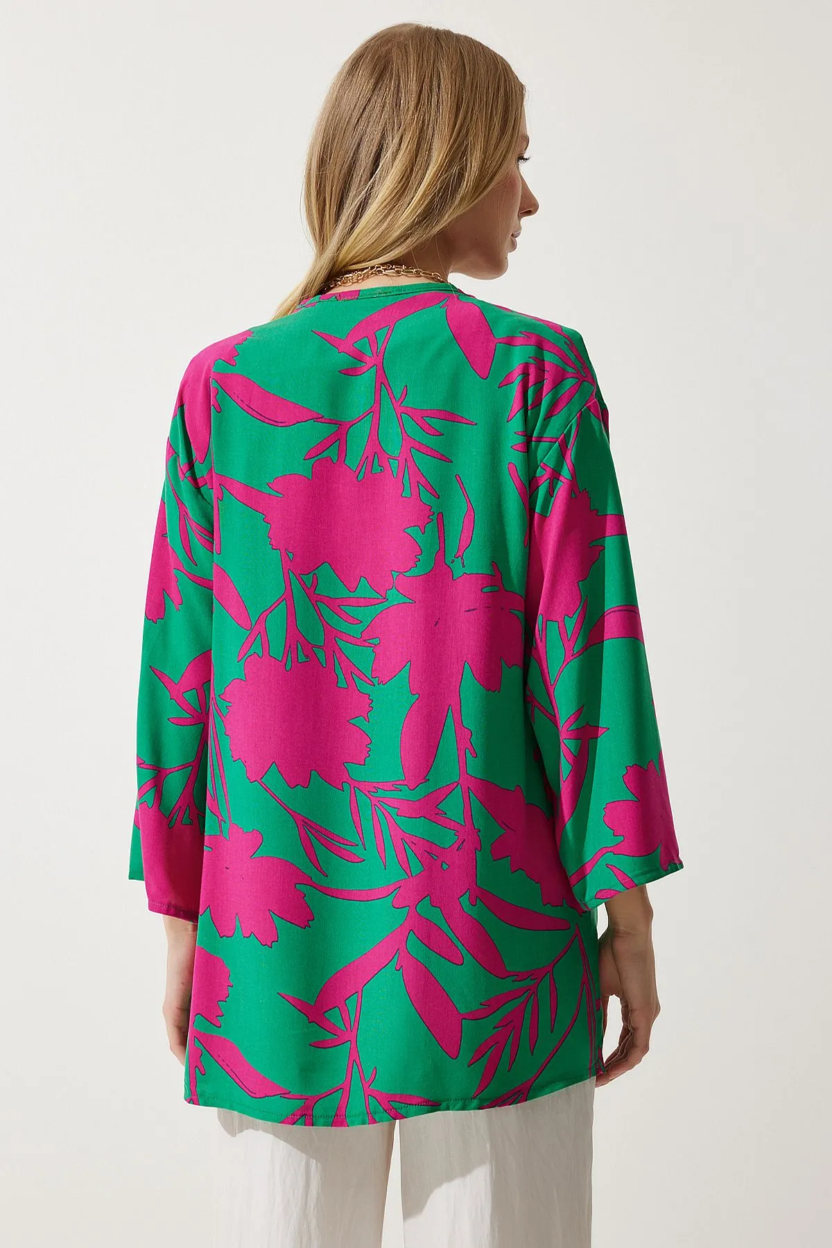 Female green pink patterned viscone Kimono EN00615