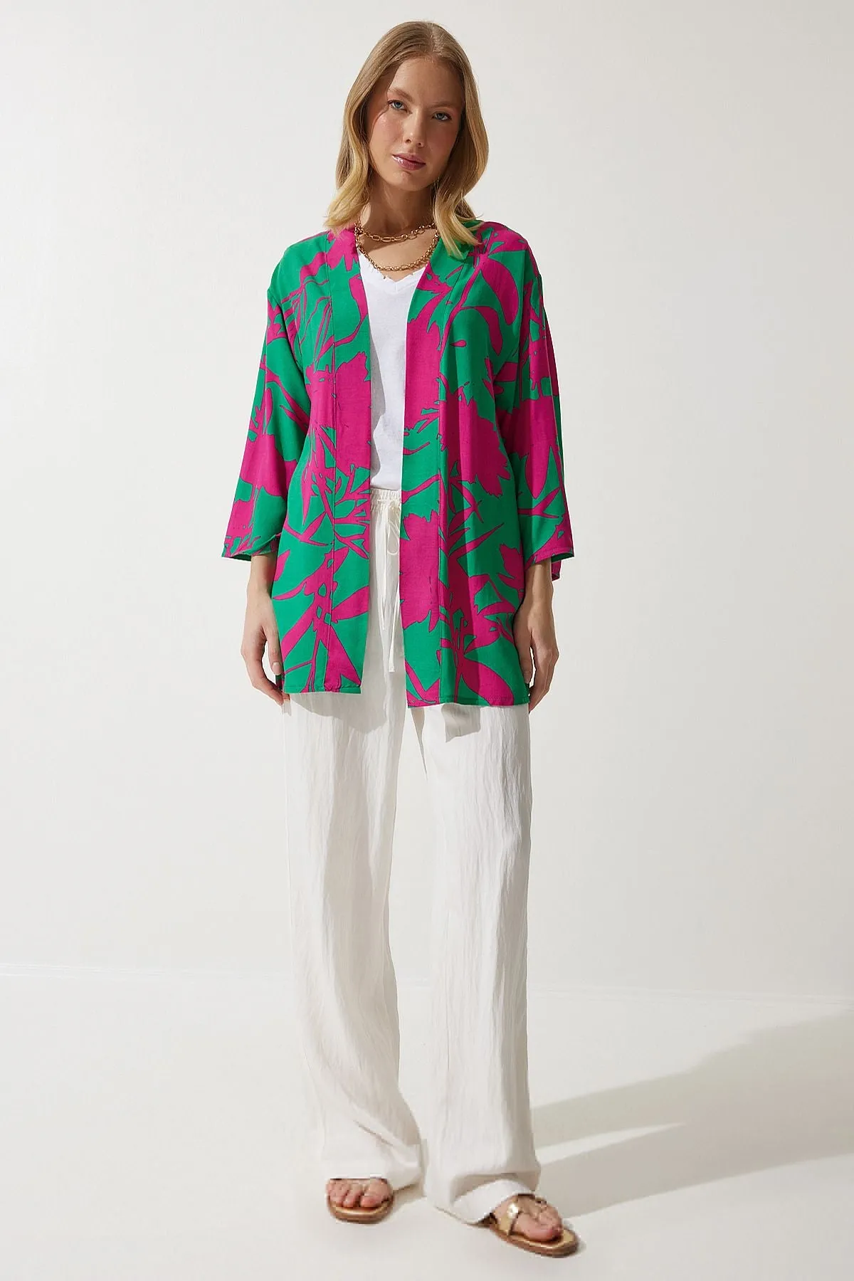 Female green pink patterned viscone Kimono EN00615