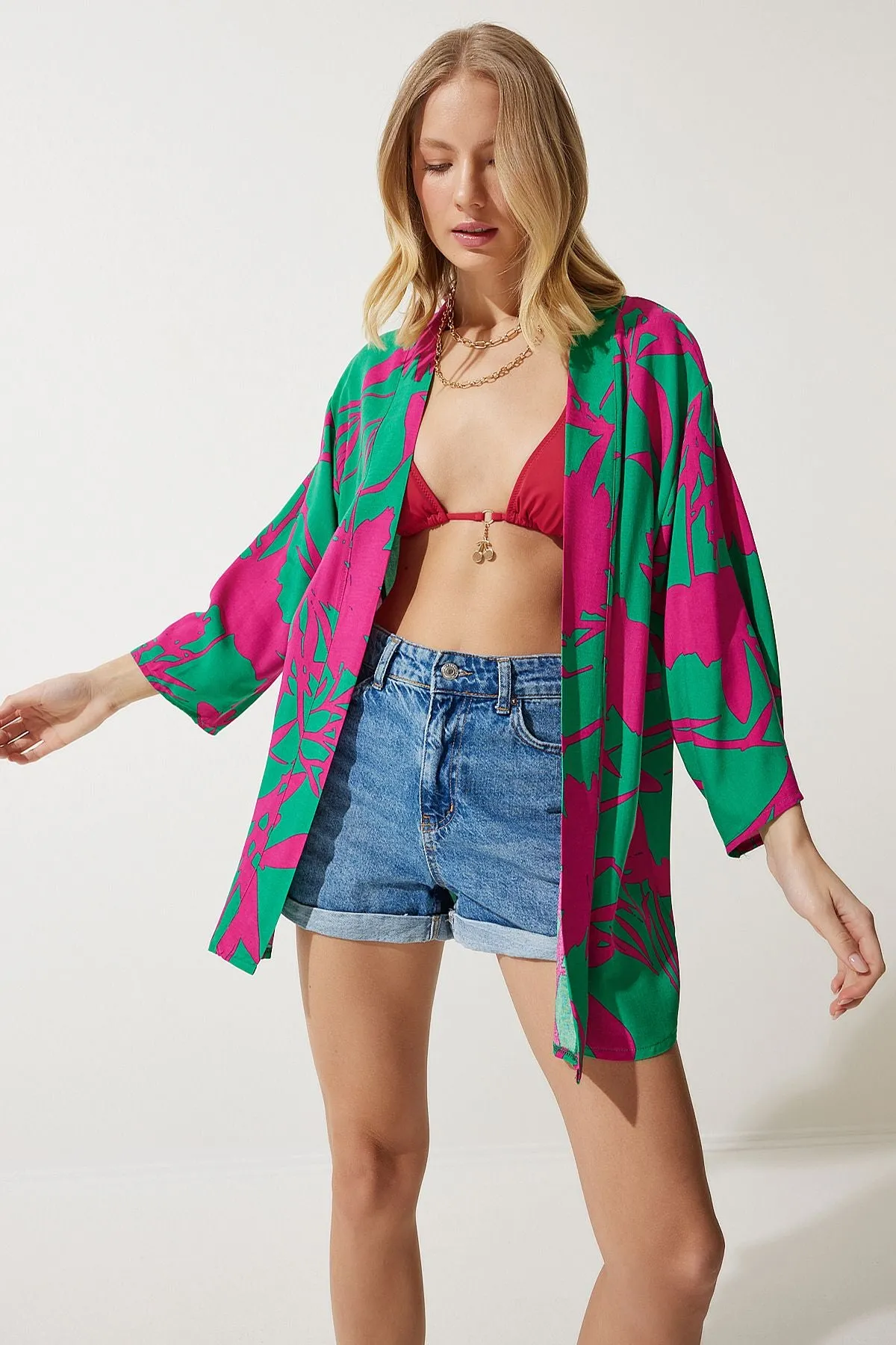 Female green pink patterned viscone Kimono EN00615