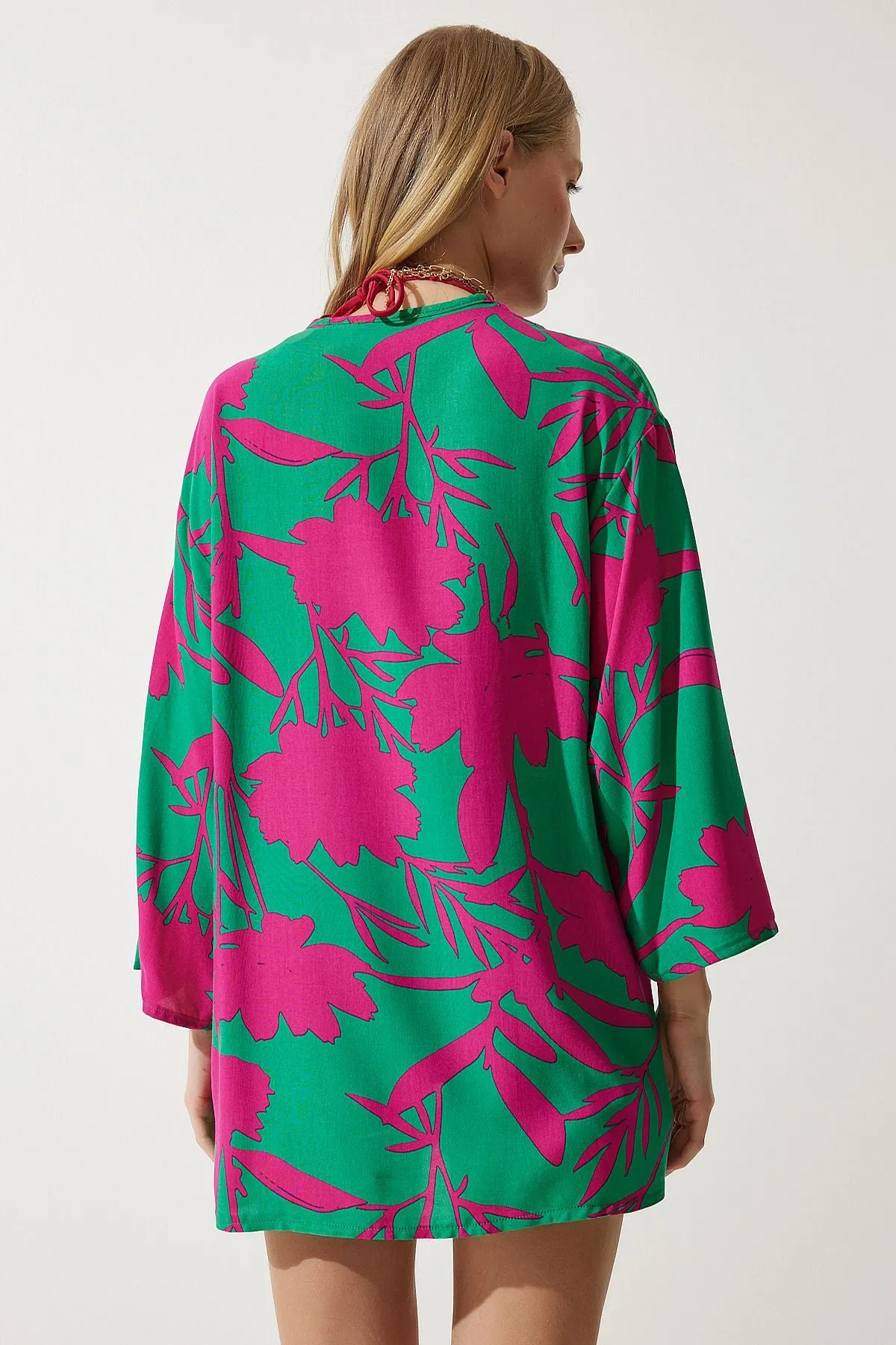 Female green pink patterned viscone Kimono EN00615