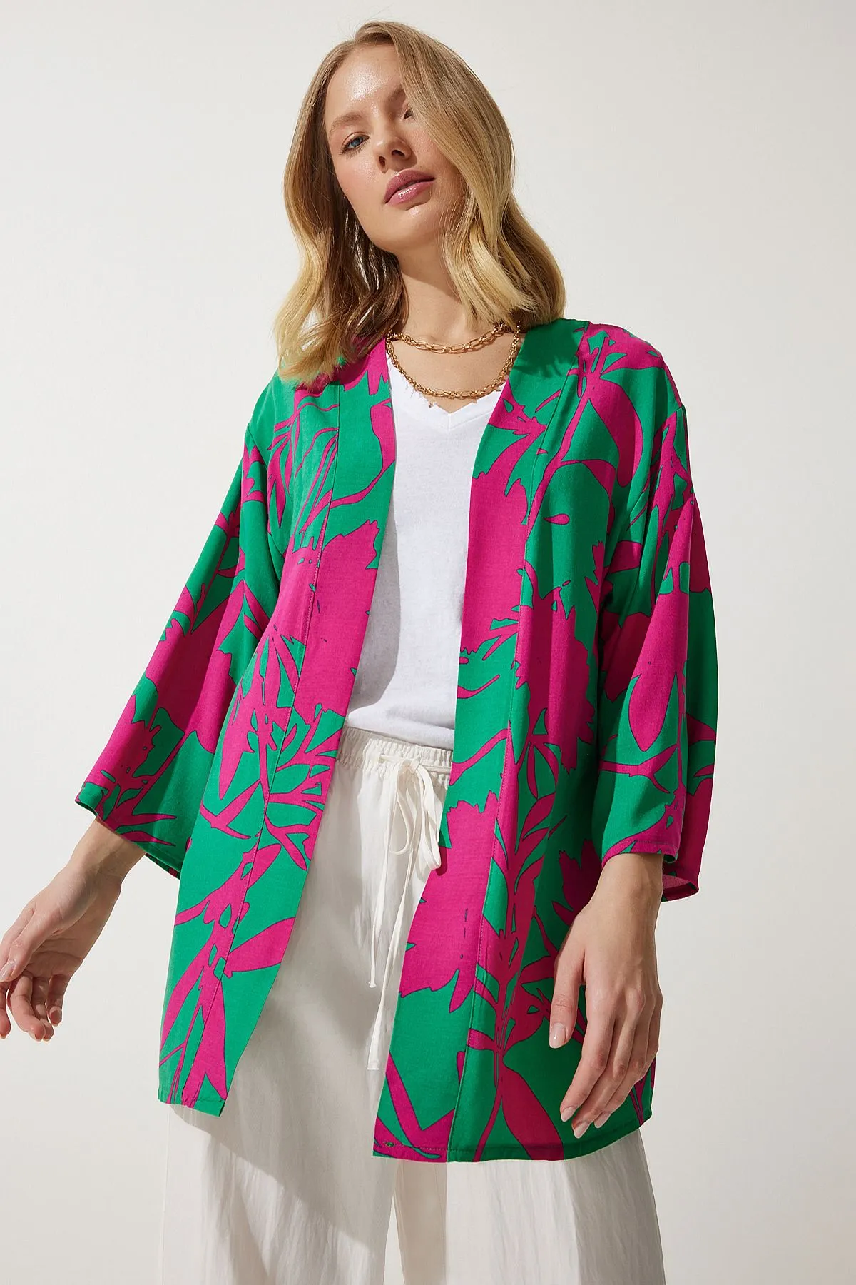Female green pink patterned viscone Kimono EN00615