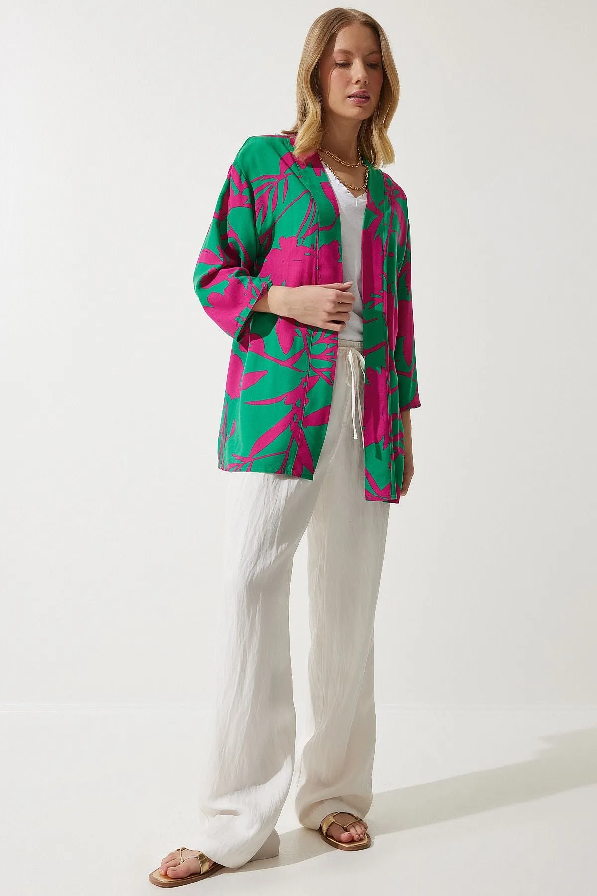 Female green pink patterned viscone Kimono EN00615