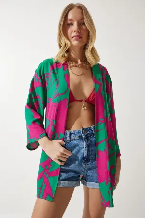 Female green pink patterned viscone Kimono EN00615
