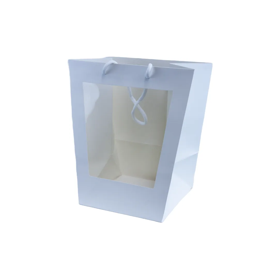 Flower Carry Bag Gift Bag Tapered Gift Bag White Kraft with Window Pack 10 (25*18*28 cmH)