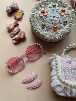 Flower Pearl Tweed Round Mini Bag - Pink
