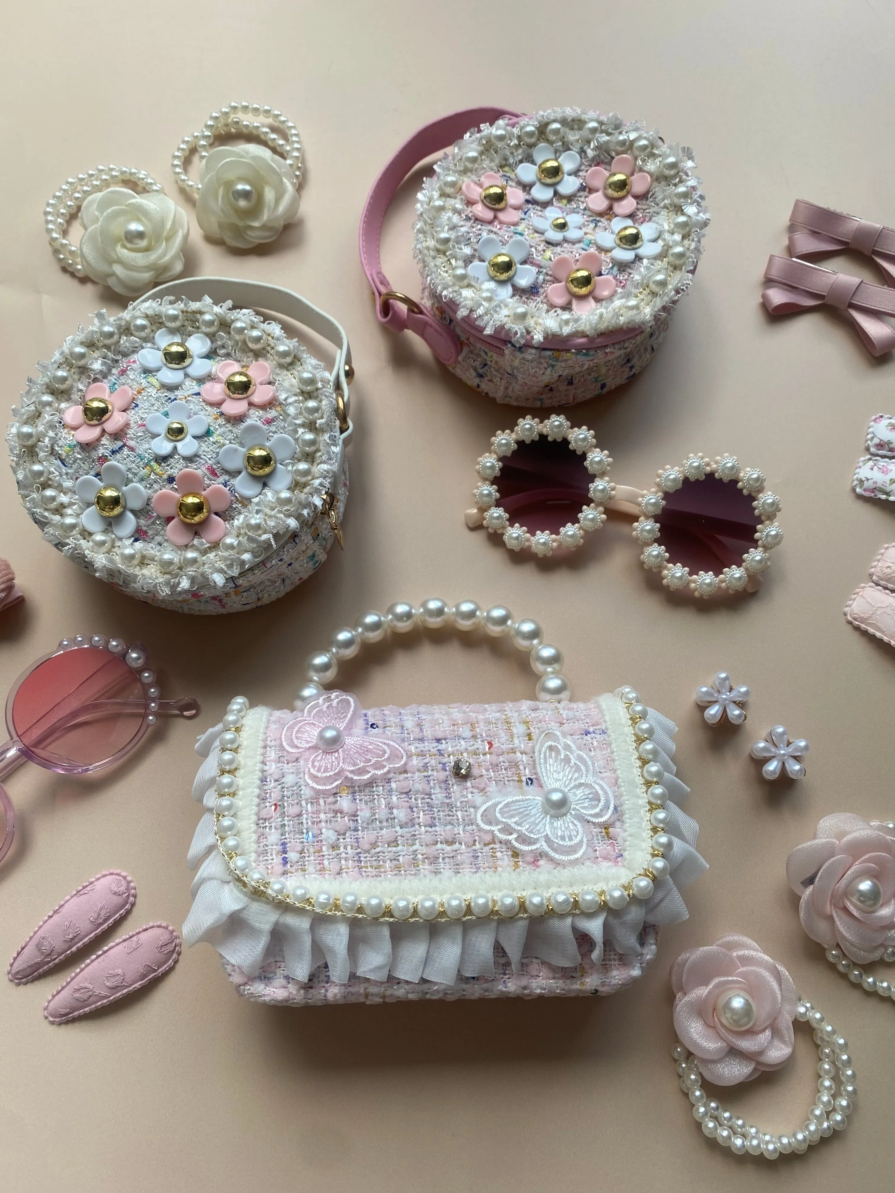 Flower Pearl Tweed Round Mini Bag - Pink