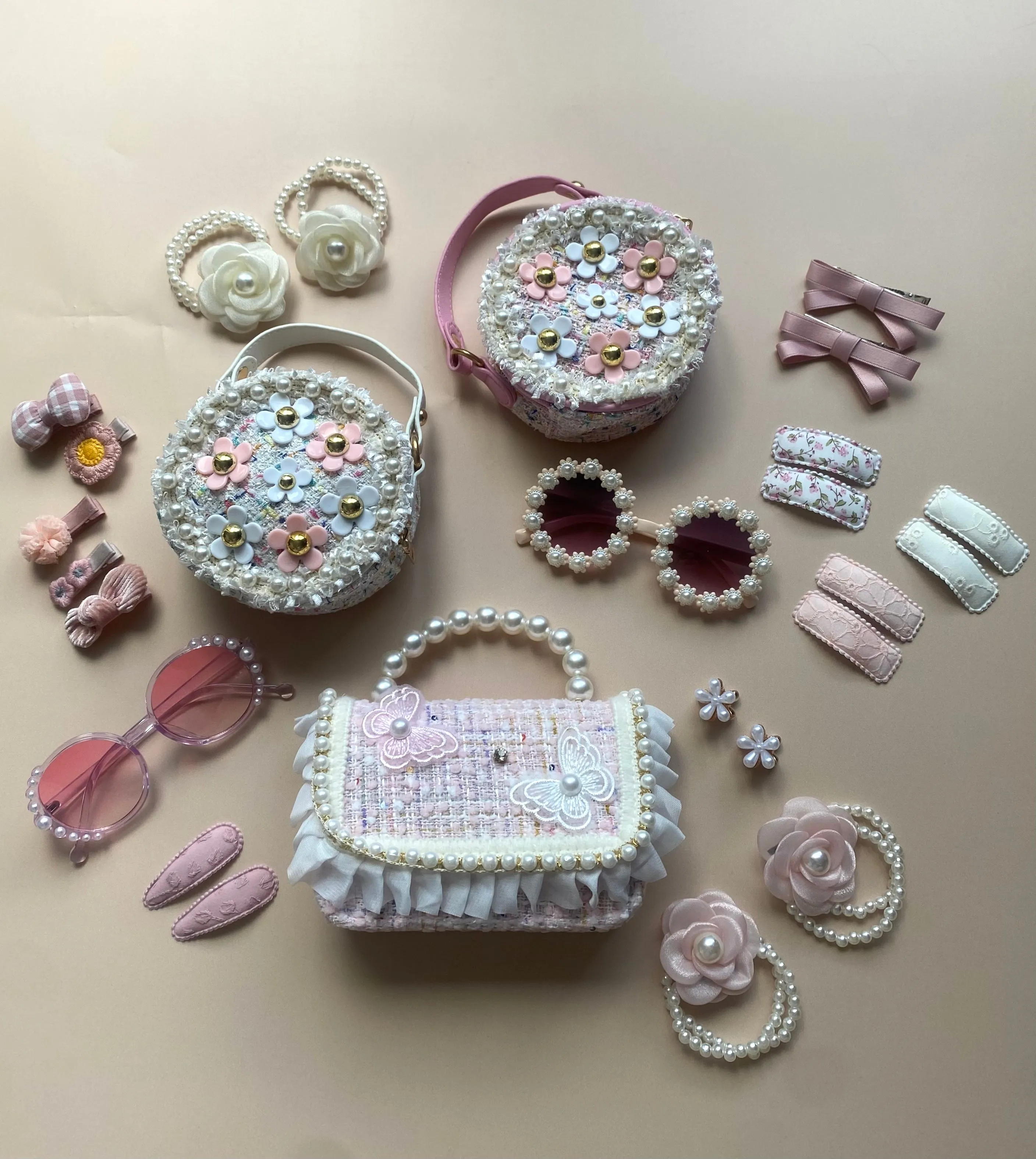 Flower Pearl Tweed Round Mini Bag - Pink