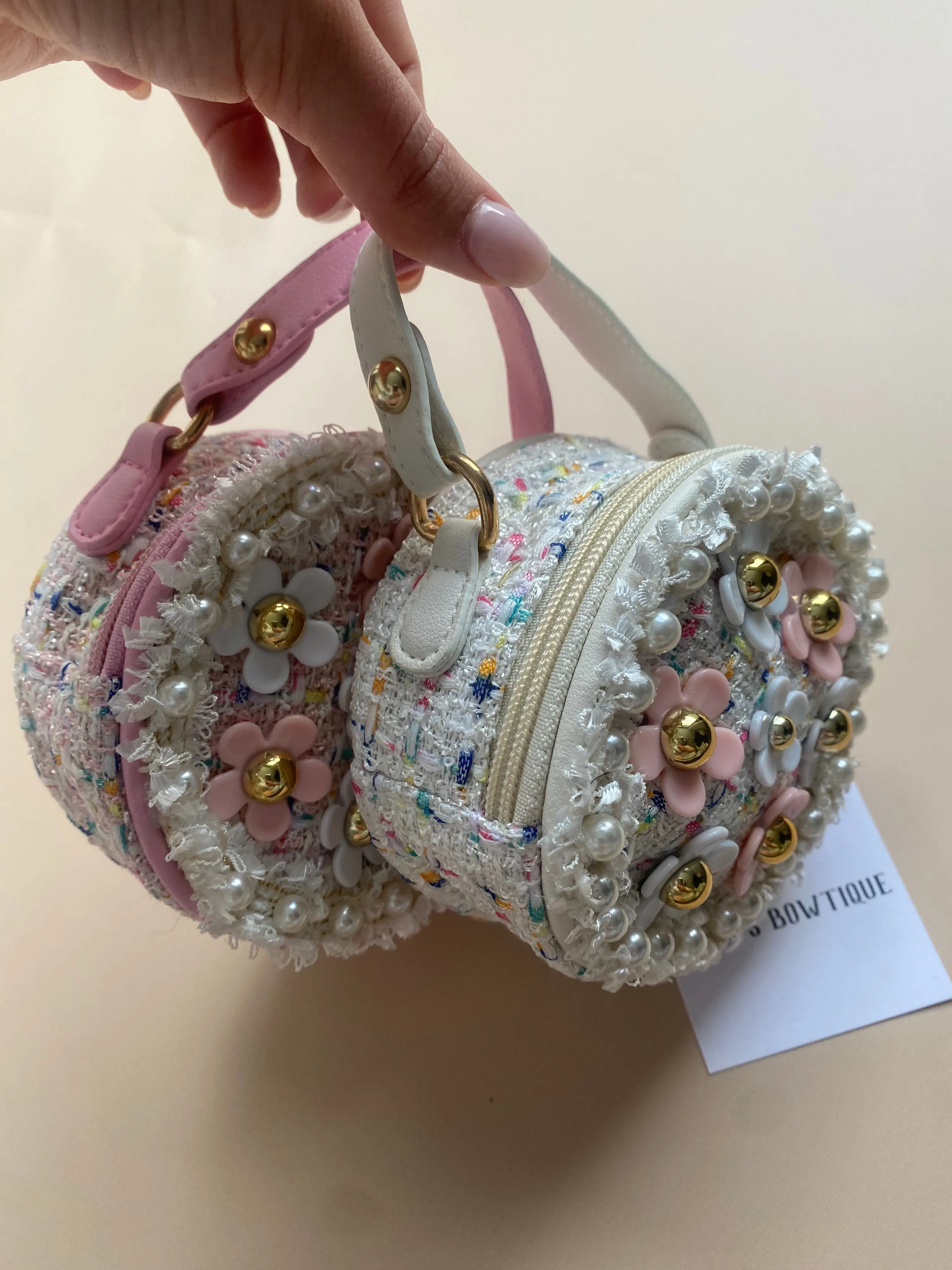Flower Pearl Tweed Round Mini Bag - Pink