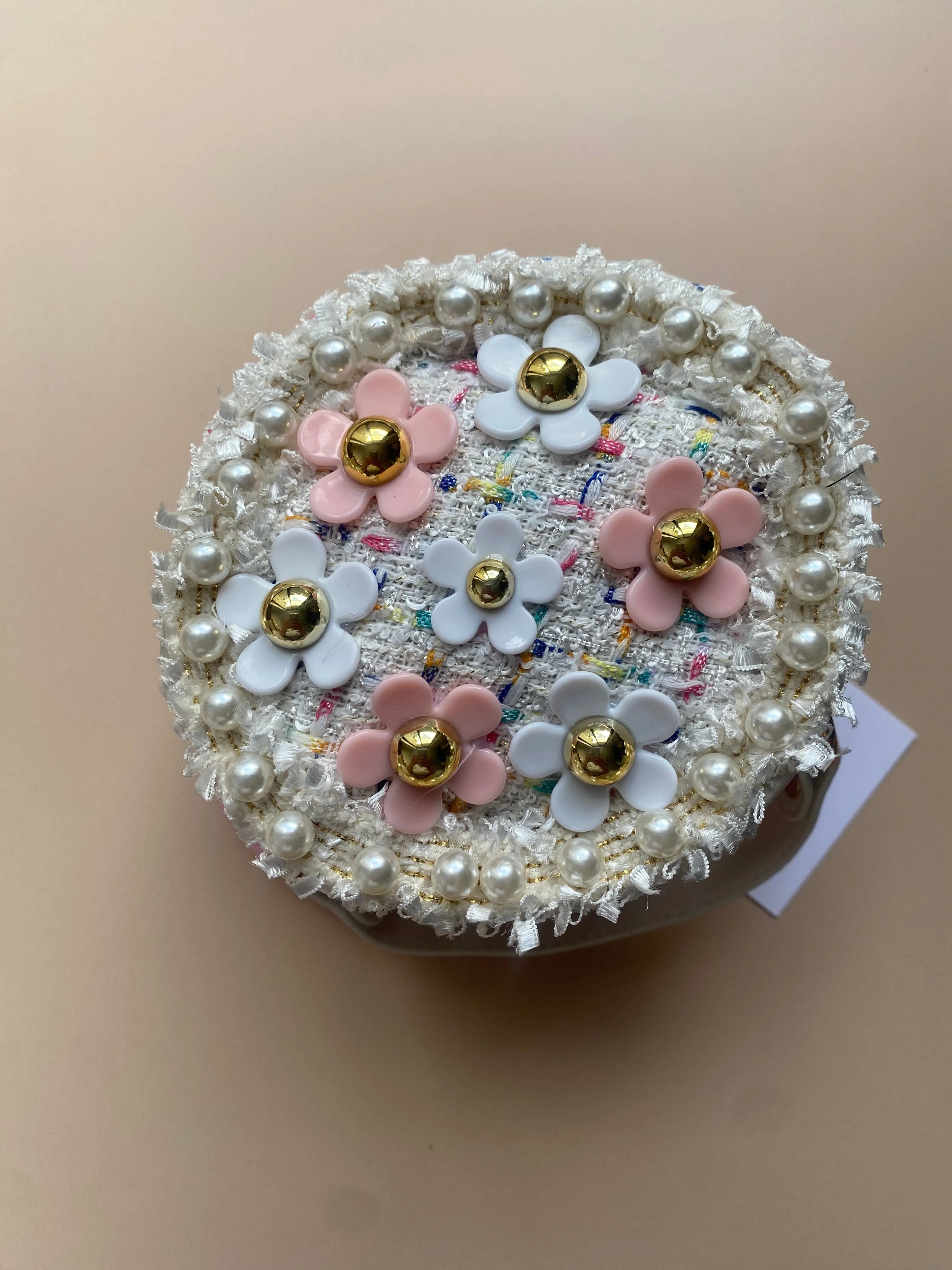 Flower Pearl Tweed Round Mini Bag - Pink