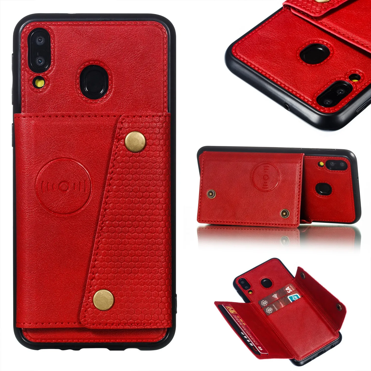 For Samsung M20 Double Buckle Phone Case Protective Cover with Card Holder Bracket Light Brown