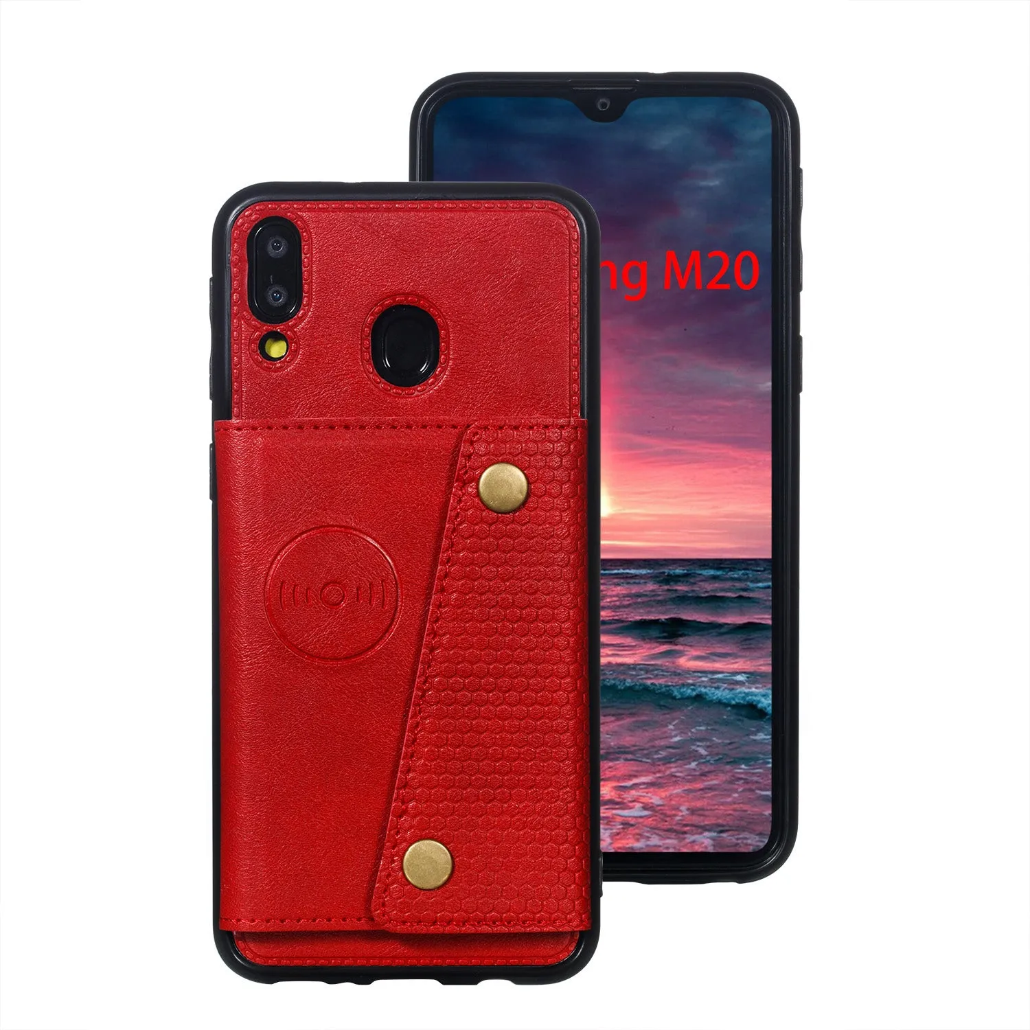 For Samsung M20 Double Buckle Phone Case Protective Cover with Card Holder Bracket Light Brown