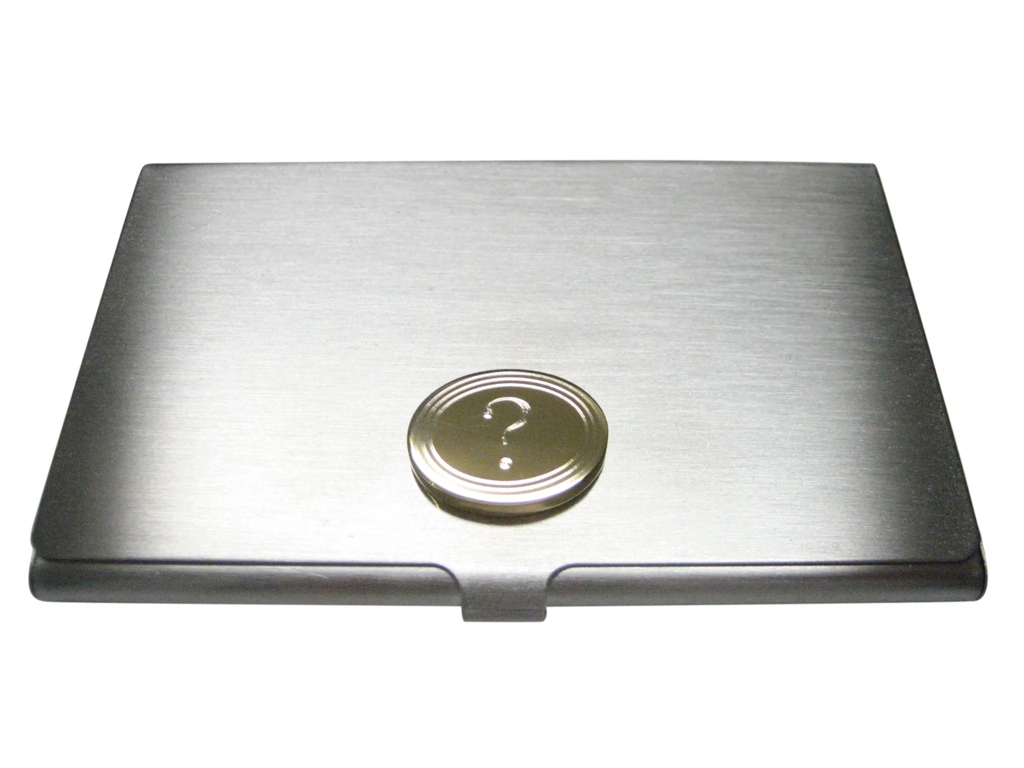 Gold Toned Etched Oval Question Mark Pendant Business Card Holder