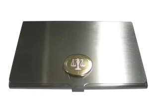 Gold Toned Etched Oval Scale of Justice Law Business Card Holder