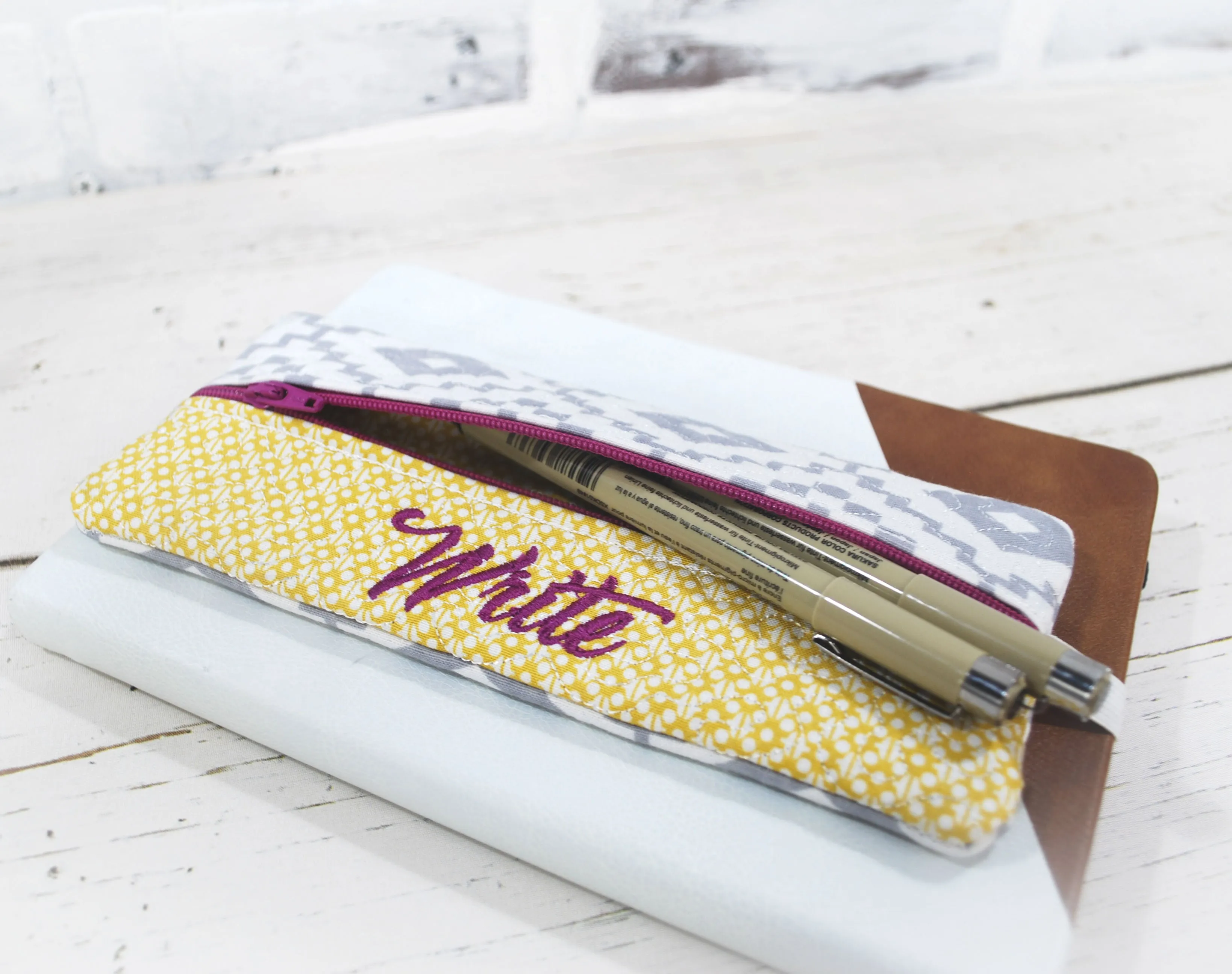 Gray and Yellow Geometric Personalized Quilted Pouch