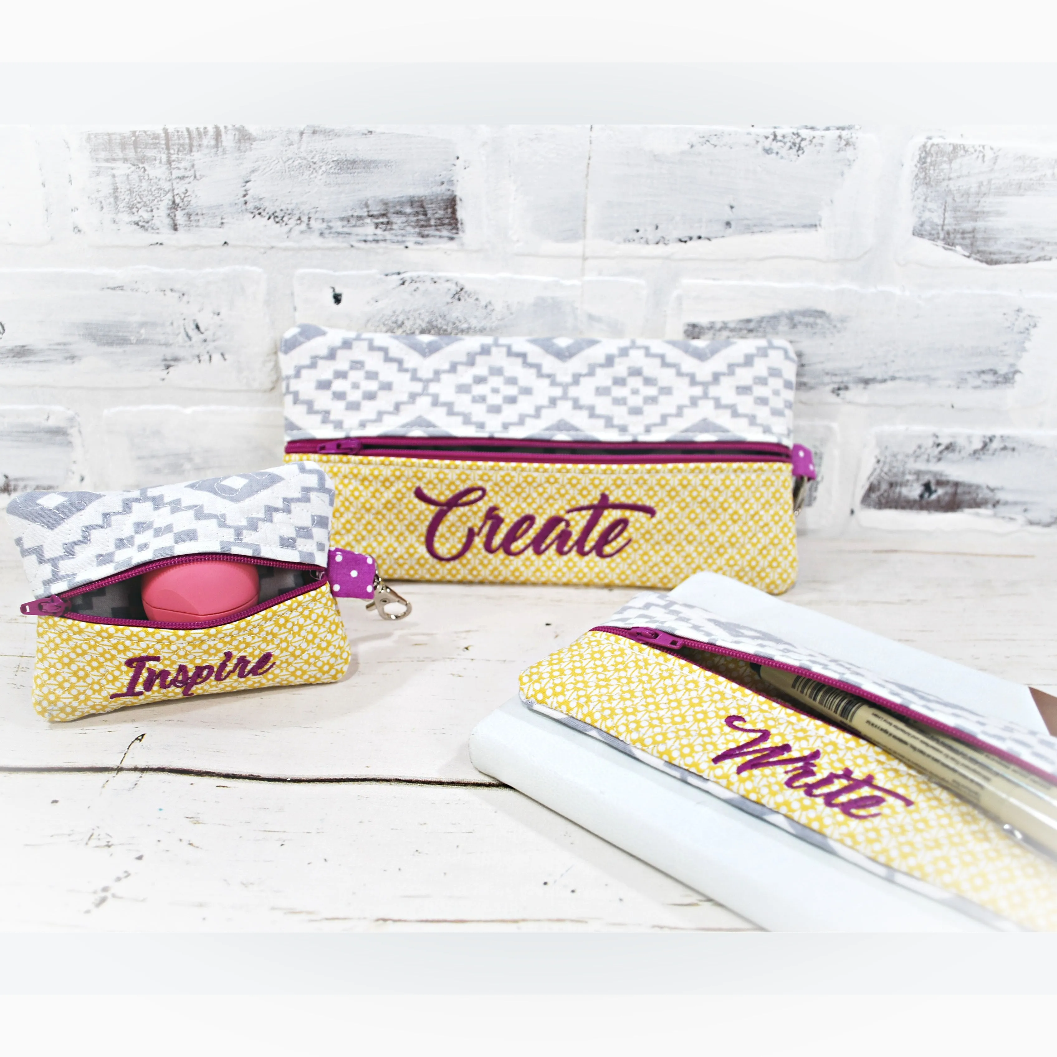 Gray and Yellow Geometric Personalized Quilted Pouch