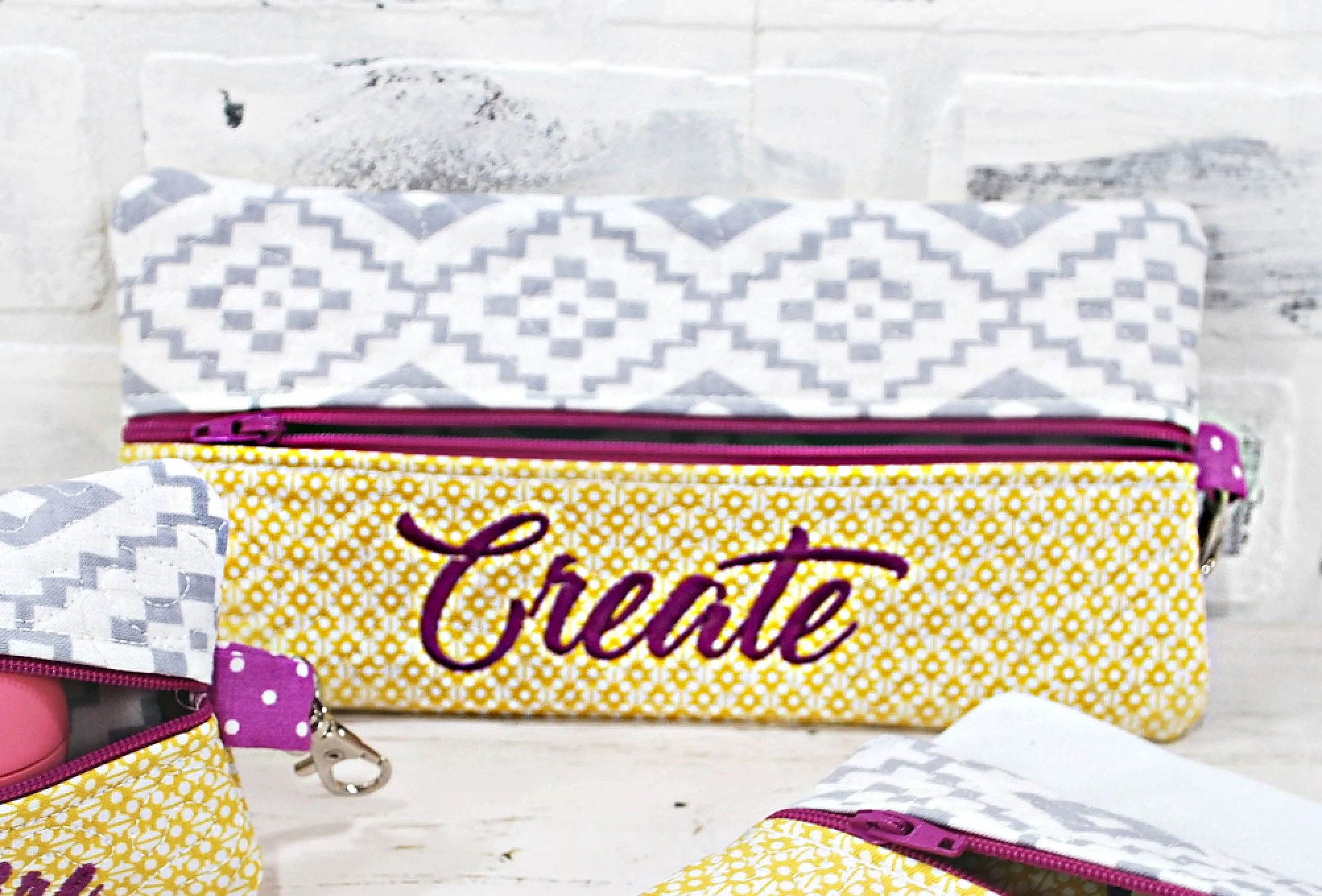 Gray and Yellow Geometric Personalized Quilted Pouch