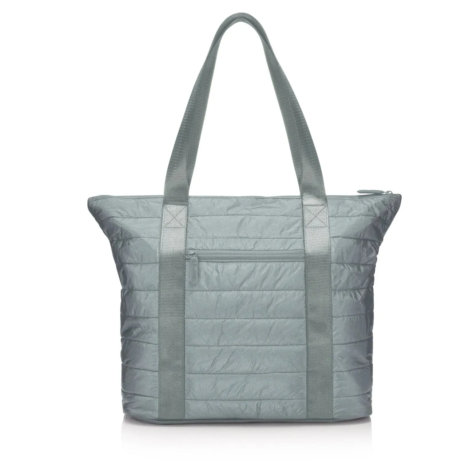 Gray Puffer Tote Bag with Zipper Pockets in Shimmer