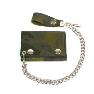 Green soft leather wallet w/ all over olive camo pattern and detachable chain