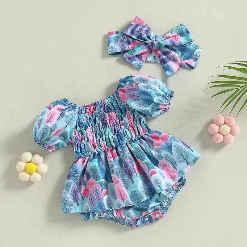 Leaf Print Girls Romper Dress
