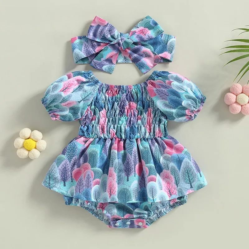 Leaf Print Girls Romper Dress
