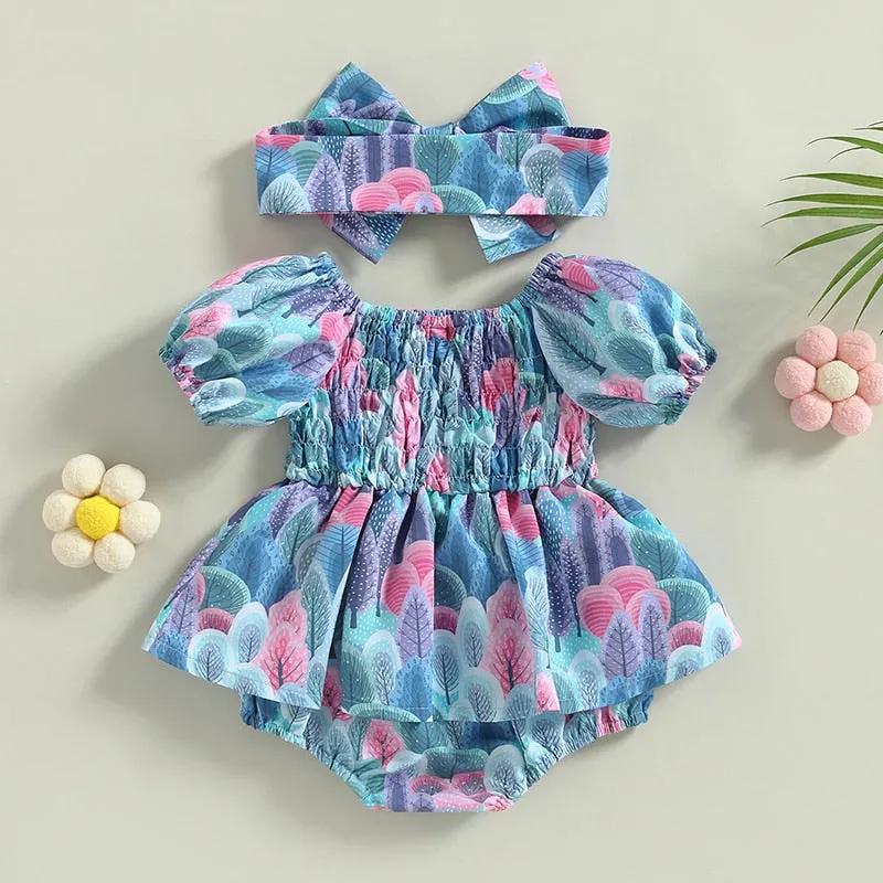 Leaf Print Girls Romper Dress