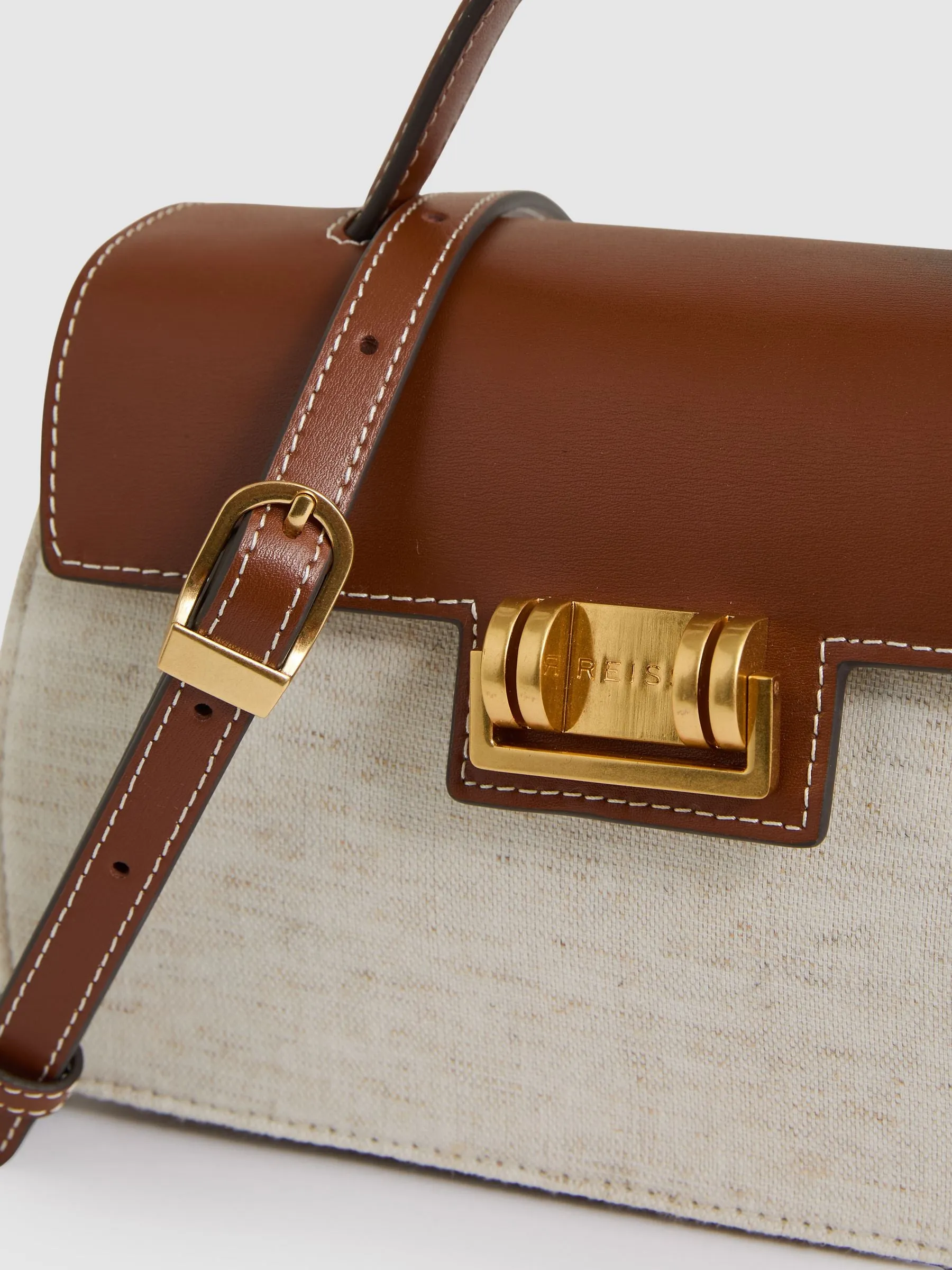 Leather And Cotton Top Handle Bag in Natural