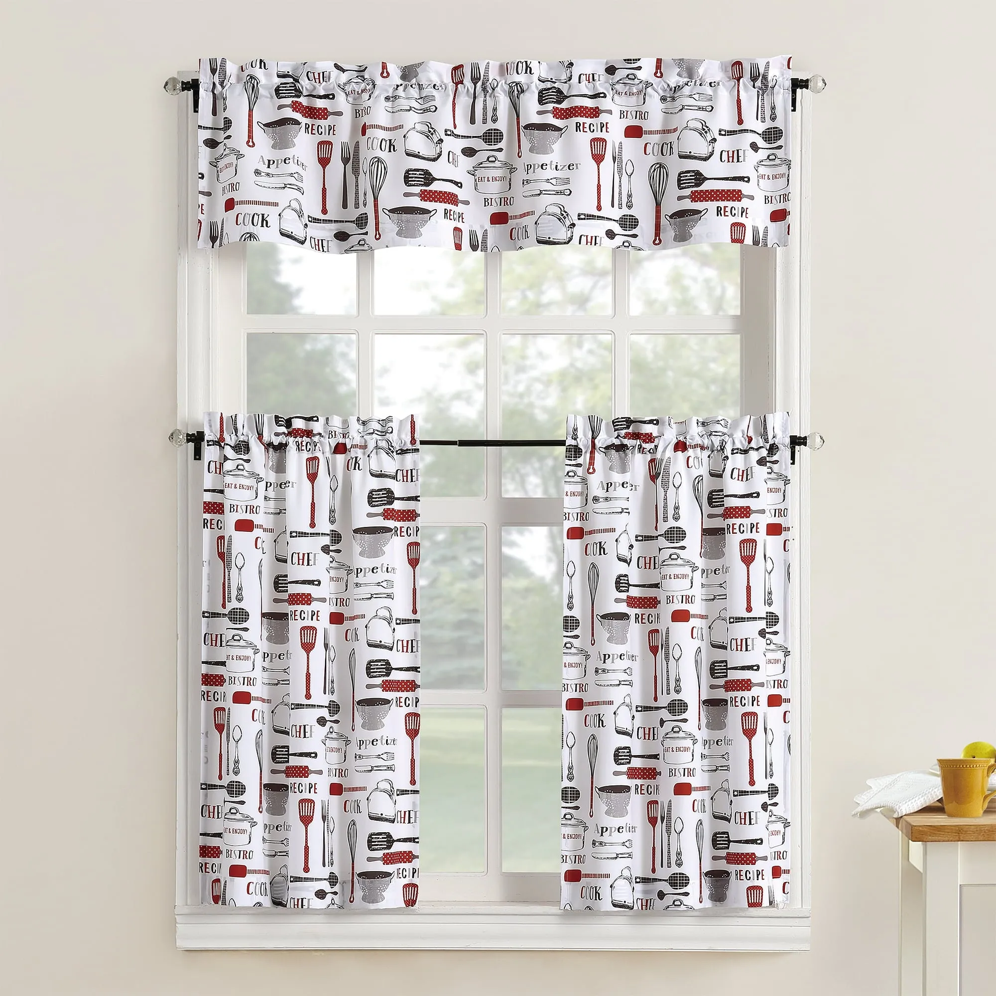 Mainstays Bistro 3 Piece Kitchen Curtain Tier and Valance Set in Red