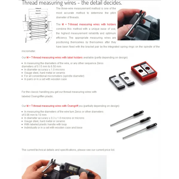 Martin Tschopp 501-12 Thread measuring wires with micrometer holder Diameter : 1.35mm/.05315'' Accuracy : 0.001mm/.00005'' Micrometer Spindle : 6 35mm For 2.00mm & 12TPI & 11TPI pitch