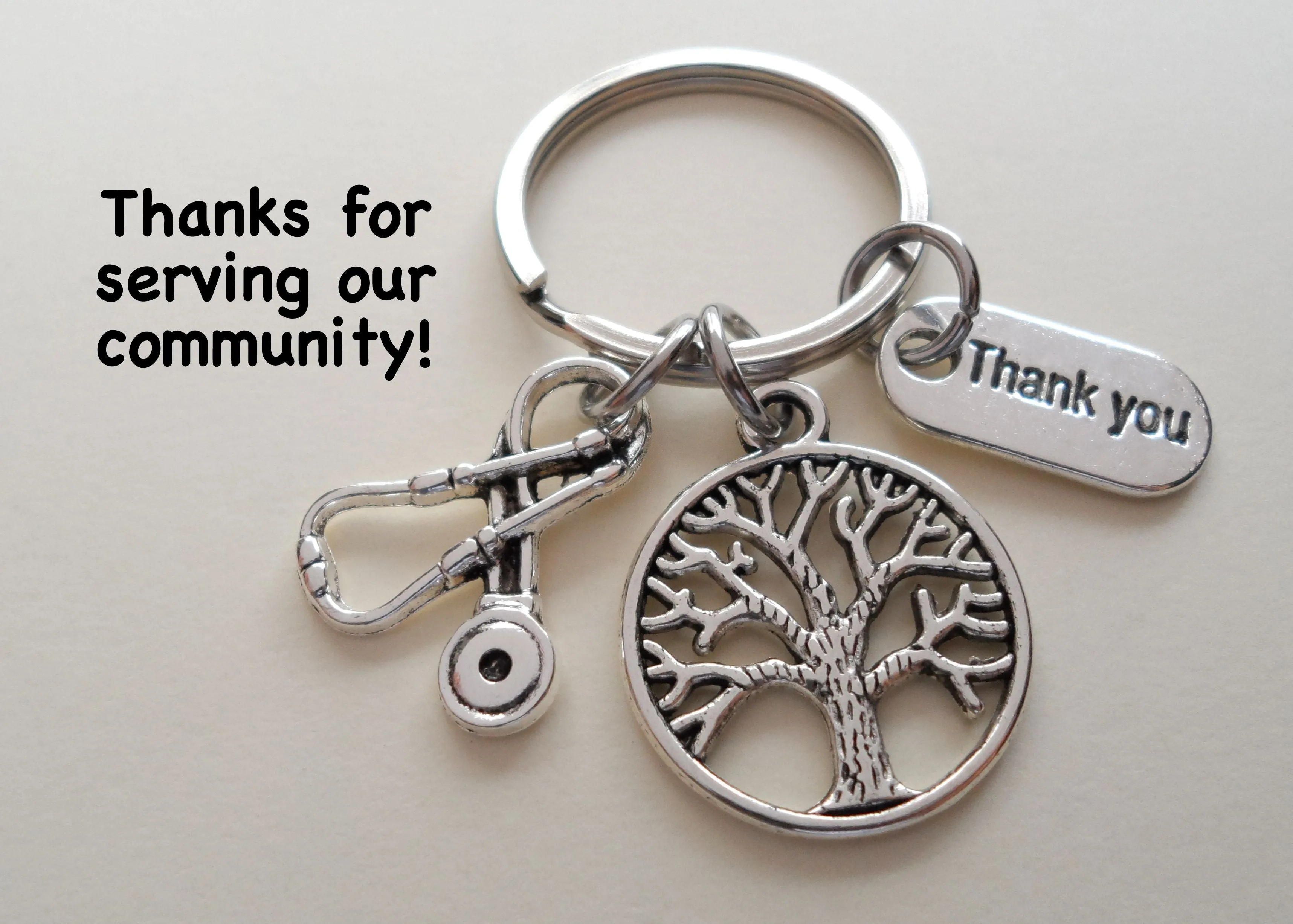 Medical Professional Charm Keychain, Nurse Appreciation Keychain With Small Tree & Stethoscope Charm with Thank You Charm