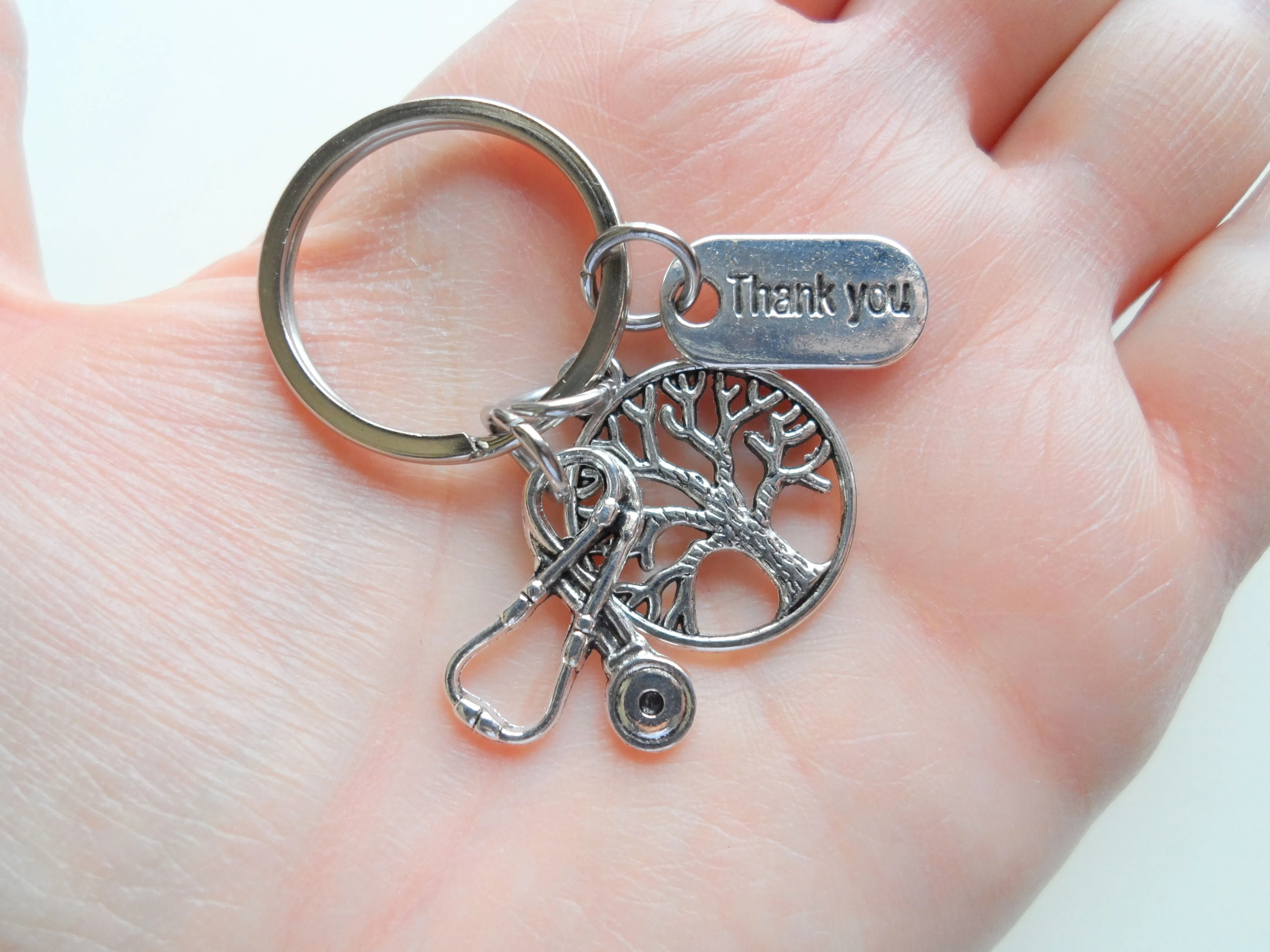 Medical Professional Charm Keychain, Nurse Appreciation Keychain With Small Tree & Stethoscope Charm with Thank You Charm