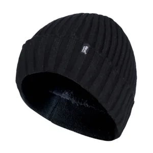 Mens Ribbed Knit Fleece Lined Turn Over Cuff Thermal Beanie Hat
