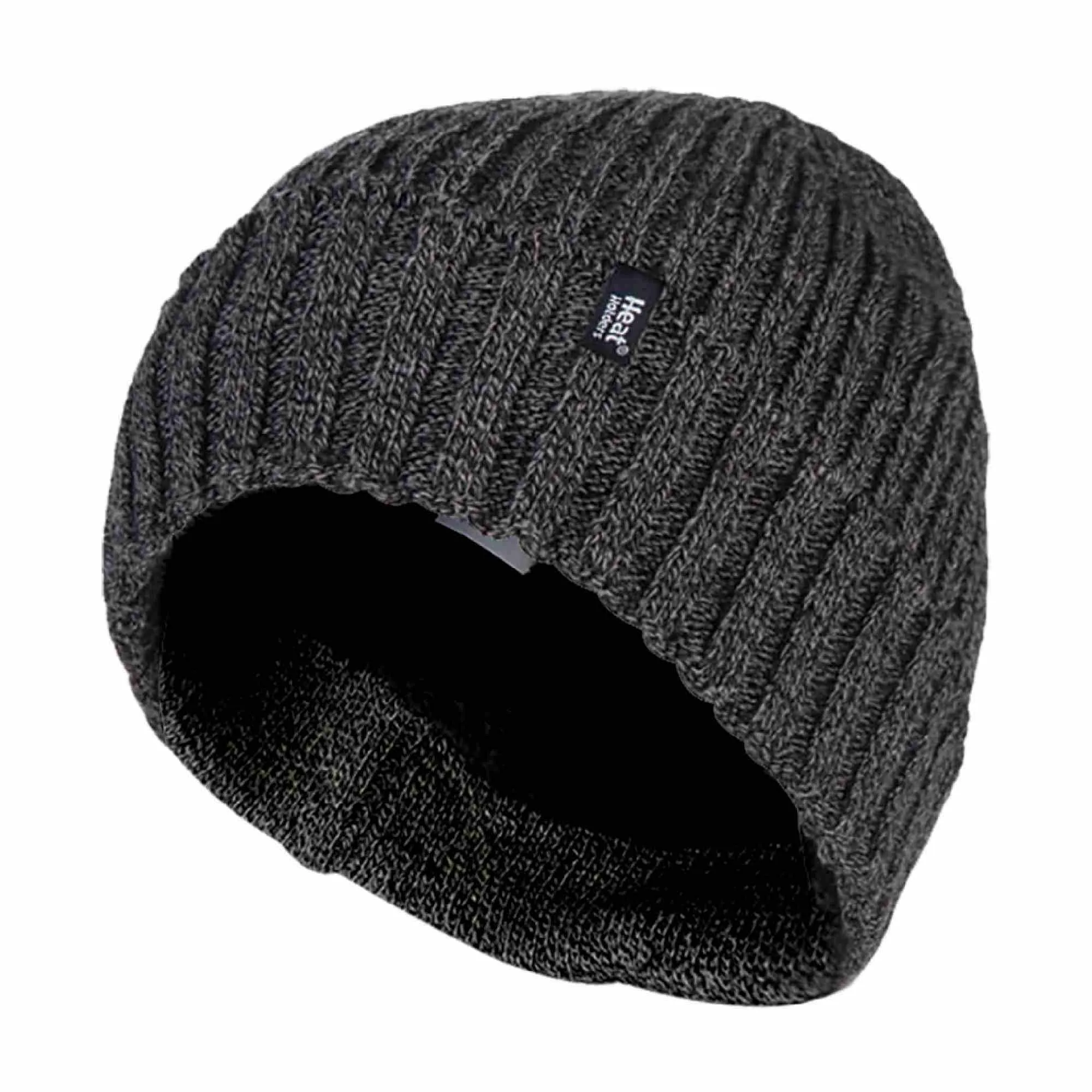 Mens Ribbed Knit Fleece Lined Turn Over Cuff Thermal Beanie Hat