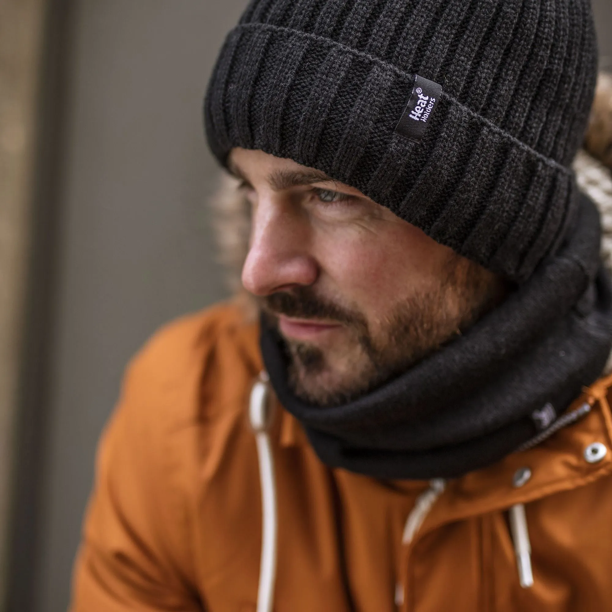 Mens Ribbed Knit Fleece Lined Turn Over Cuff Thermal Beanie Hat
